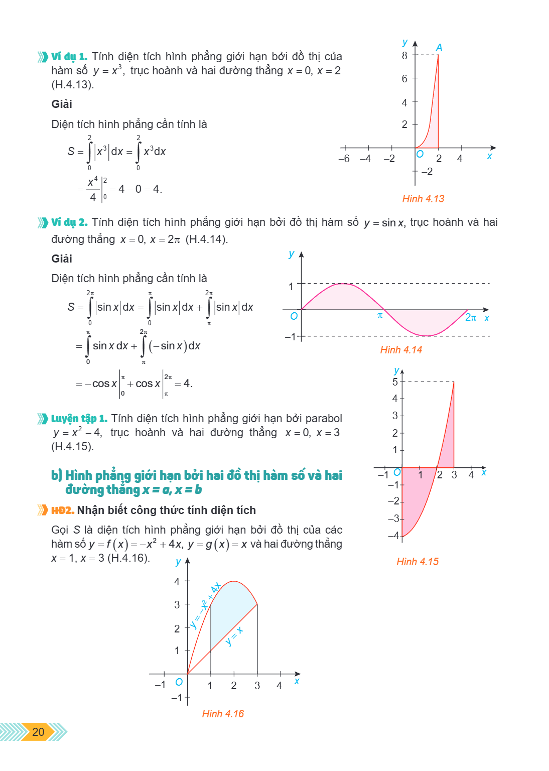 Ví dụ 1. Tính diện tích hình phẳng giới hạn bởi đồ thị của hàm số $y = x^3$, trục hoành và hai đường thẳng $x = 0, x = 2$ (H.4.13). Giải Diện tích hình phẳng cầ