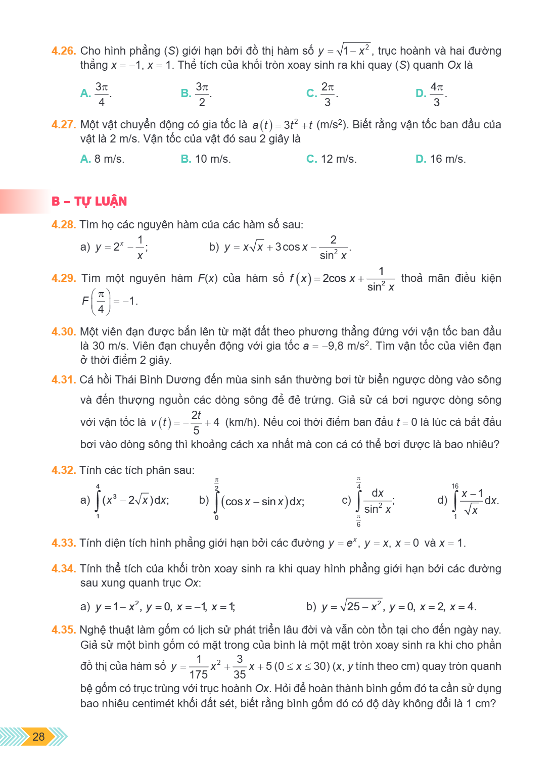 4.26. Cho hình phẳng (S) giới hạn bởi đồ thị hàm số $y = \sqrt{1 - x^2}$, trục hoành và hai đường thẳng $x = -1$, $x = 1$. Thể tích của khối tròn xoay sinh ra k