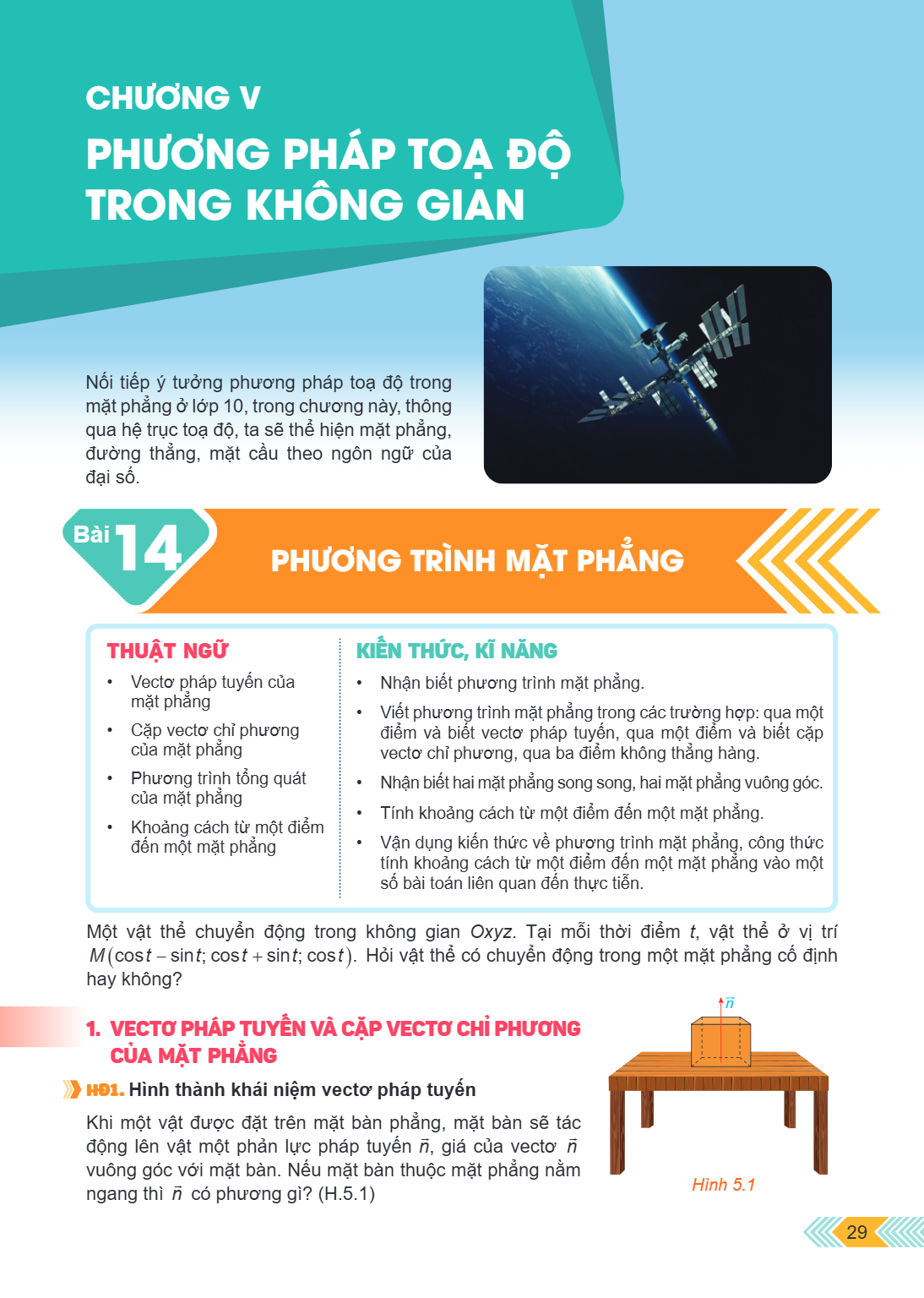 Chương V. PHƯƠNG PHÁP TOẠ ĐỘ TRONG KHÔNG GIAN Nối tiếp ý tưởng phương pháp toạ độ trong mặt phẳng ở lớp 10, trong chương này, thông qua hệ trục toạ độ, ta sẽ th