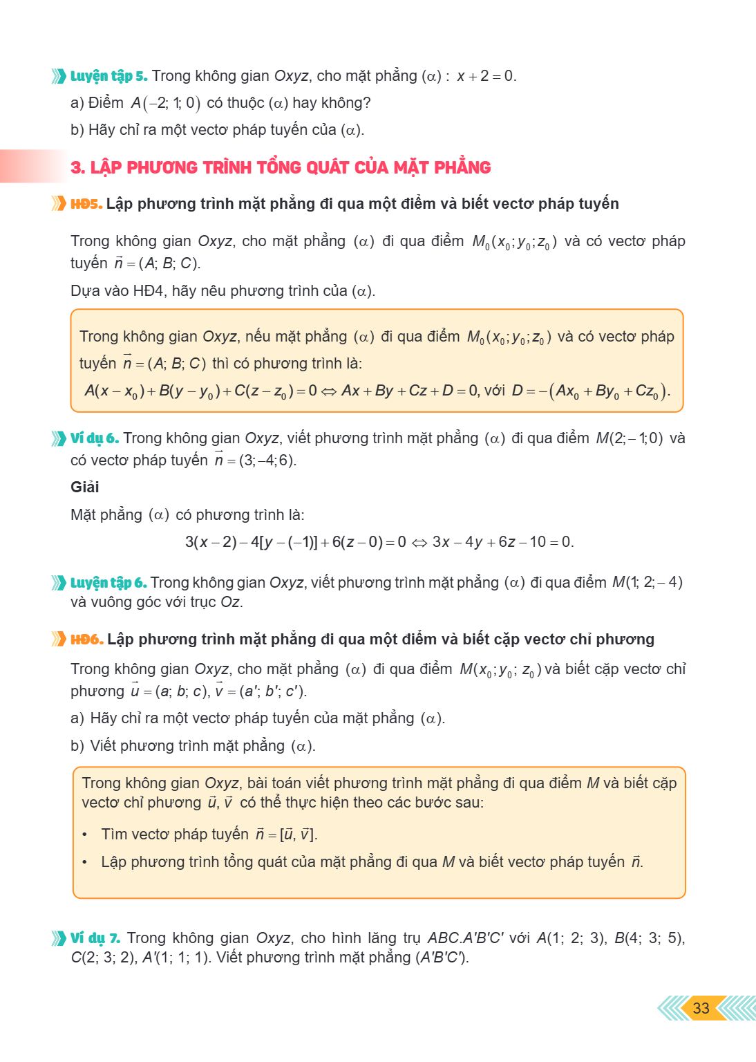 Luyện tập 5. Trong không gian Oxyz, cho mặt phẳng $(\alpha)$: $x + 2 = 0$. a) Điểm $A(-2; 1; 0)$ có thuộc $(\alpha)$ hay không? b) Hãy chỉ ra một vectơ pháp tuy