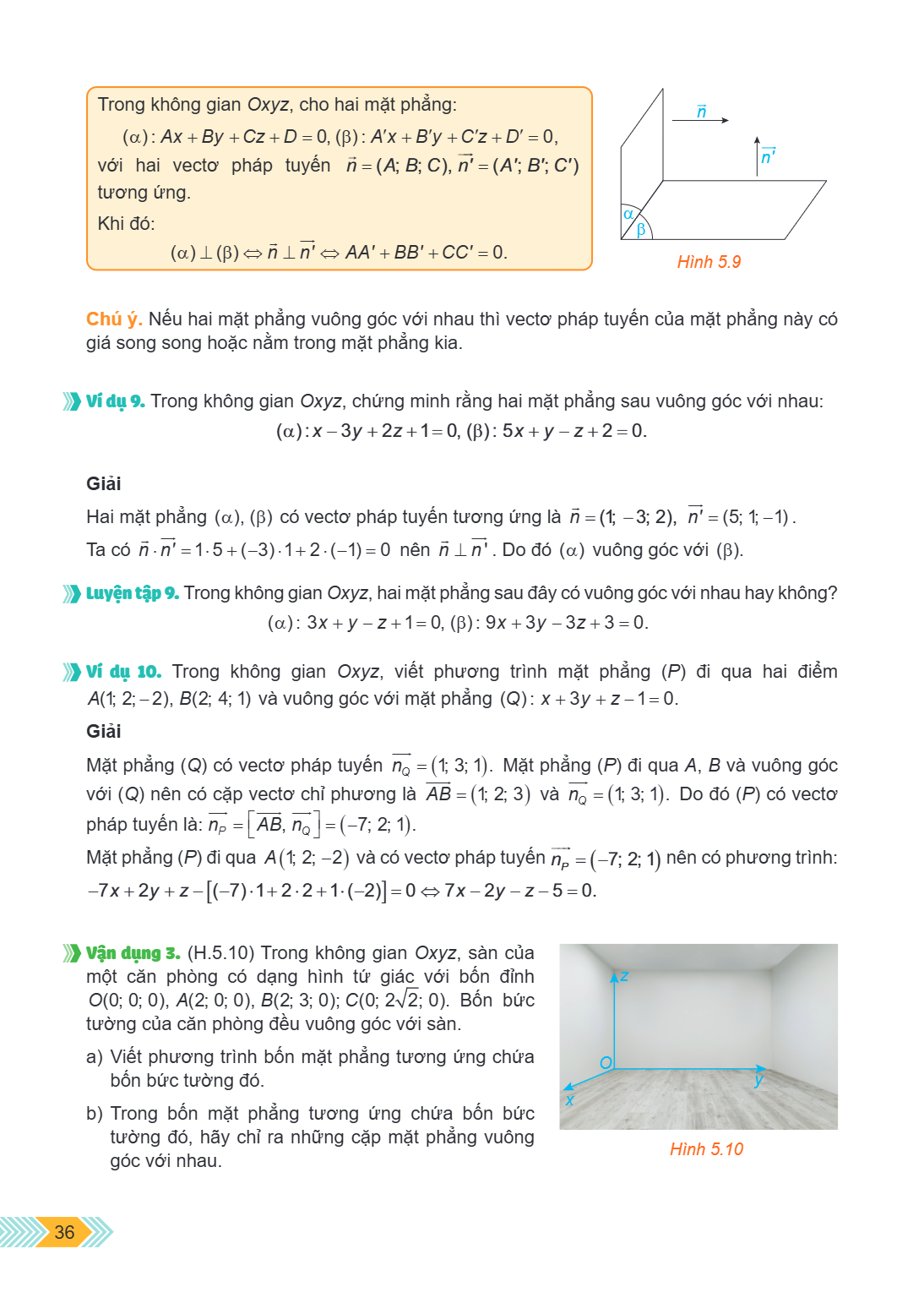 Trong không gian $Oxyz$, cho hai mặt phẳng: $(\alpha): Ax + By + Cz + D = 0, (\beta): A'x + B'y + C'z + D' = 0,$ với hai vectơ pháp tuyến $\vec{n} = (A; B; C), 