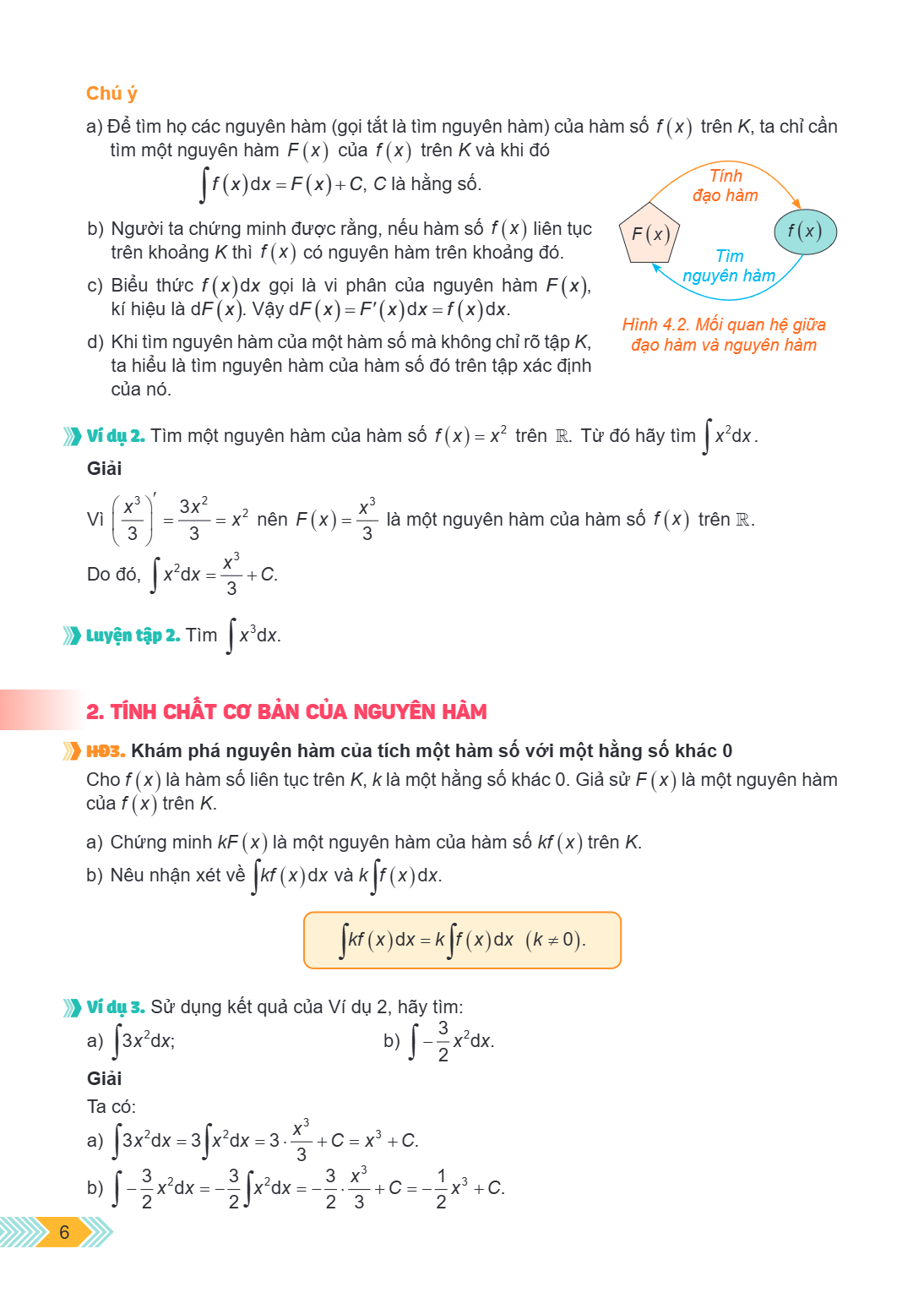 Chú ý a) Để tìm họ các nguyên hàm (gọi tắt là tìm nguyên hàm) của hàm số $f(x)$ trên $K$, ta chỉ cần tìm một nguyên hàm $F(x)$ của $f(x)$ trên $K$ và khi đó $$\
