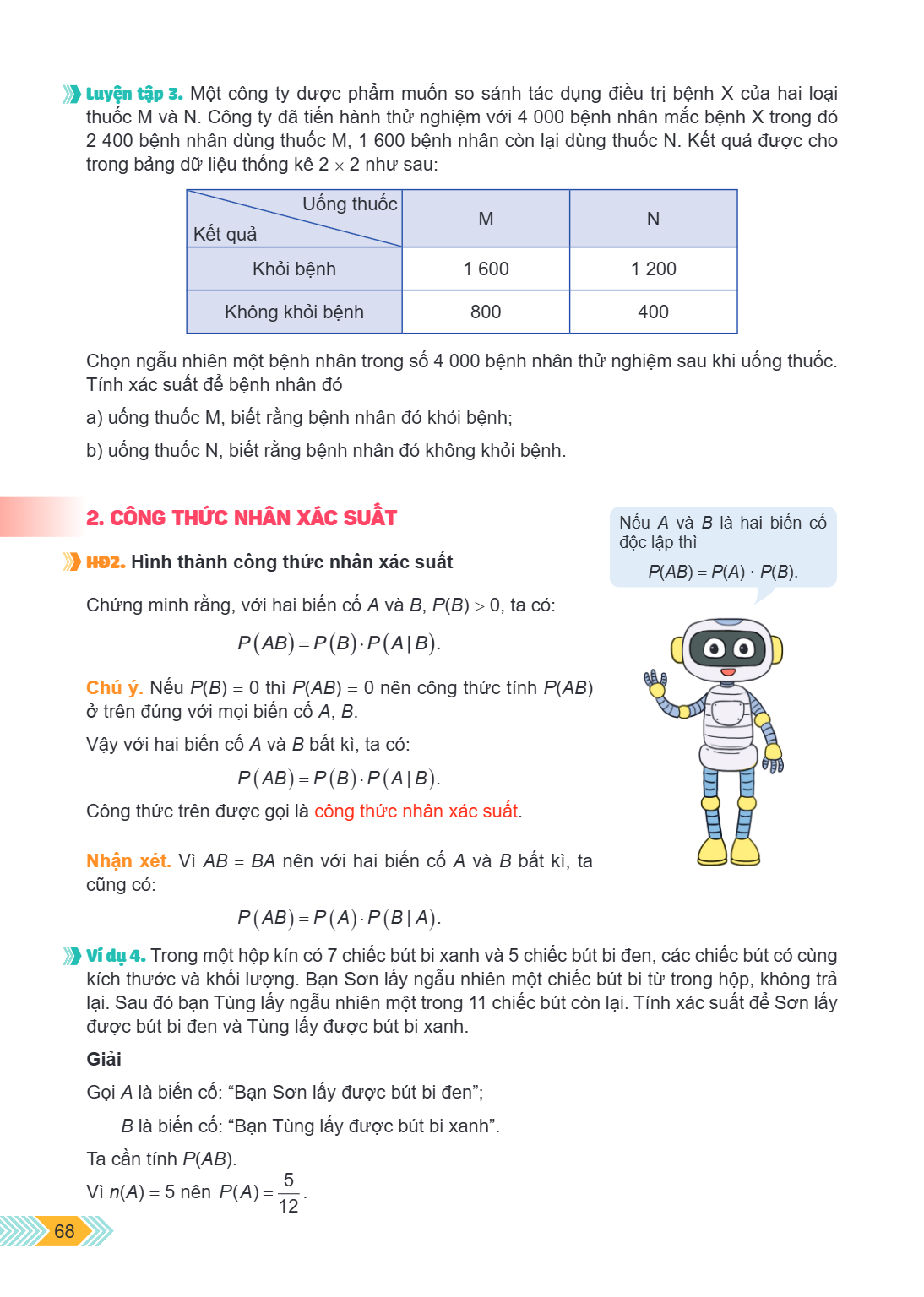 Luyện tập 3. Một công ty dược phẩm muốn so sánh tác dụng điều trị bệnh X của hai loại thuốc M và N. Công ty đã tiến hành thử nghiệm với 4 000 bệnh nhân mắc bệnh