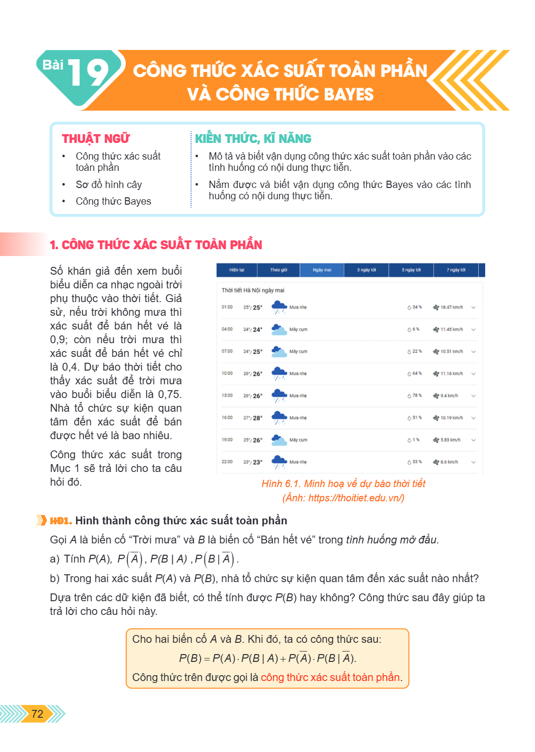 Bài 19. Công thức xác suất toàn phần và công thức Bayes THUẬT NGỮ Công thức xác suất toàn phần Sơ đồ hình cây Công thức Bayes KIẾN THỨC, KĨ NĂNG Mô tả và biết v