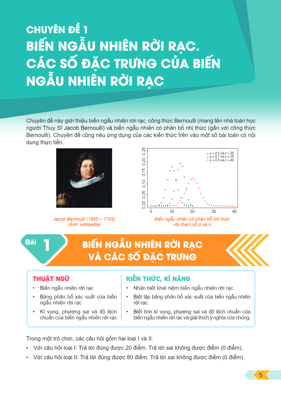 Bài 1. Biến ngẫu nhiên rời rạc và các số đặc trưng Chuyên đề này giới thiệu biến ngẫu nhiên rời rạc, công thức Bernoulli (mang tên nhà toán học người Thuỵ Sĩ Ja