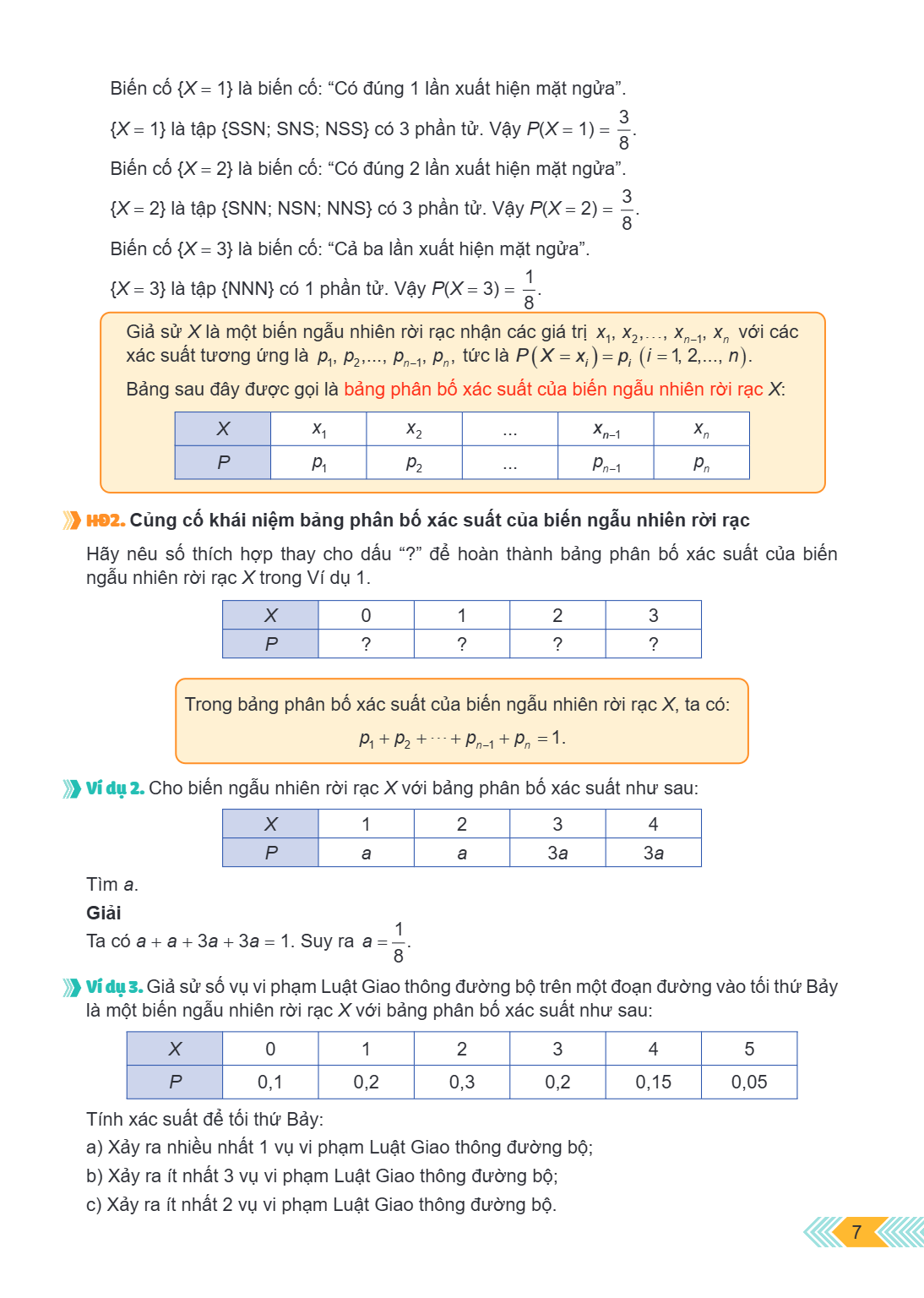 Biến cố ${X = 1}$ là biến cố: "Có đúng 1 lần xuất hiện mặt ngửa". ${X = 1}$ là tập {SSN; SNS; NSS} có 3 phần tử. Vậy $P(X = 1) = \frac{3}{8}$. Biến cố ${X = 2}$