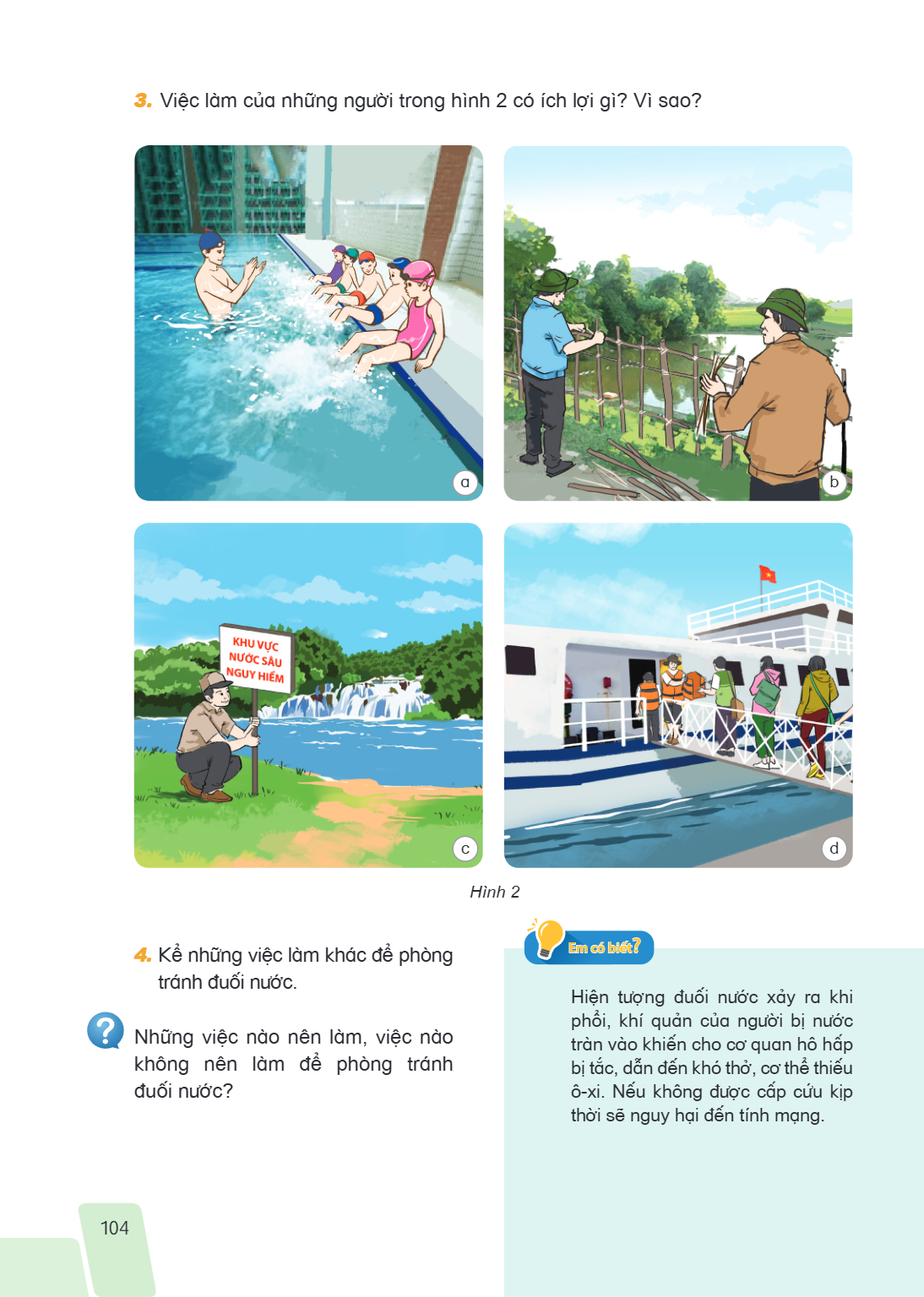 Việc làm của những người trong hình 2 có ích lợi gì? Vì sao? a b c d Hình 2 Kể những việc làm khác để phòng tránh đuối nước. Những việc nào nên làm, việc nào kh