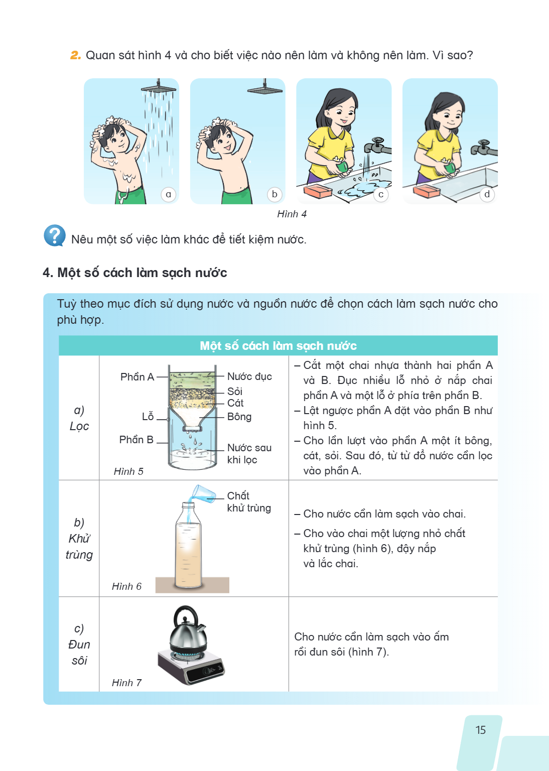 2. Quan sát hình 4 và cho biết việc nào nên làm và không nên làm. Vì sao? Hình 4 ❓ Nêu một số việc làm khác để tiết kiệm nước. 4. Một số cách làm sạch nước Tuỳ 