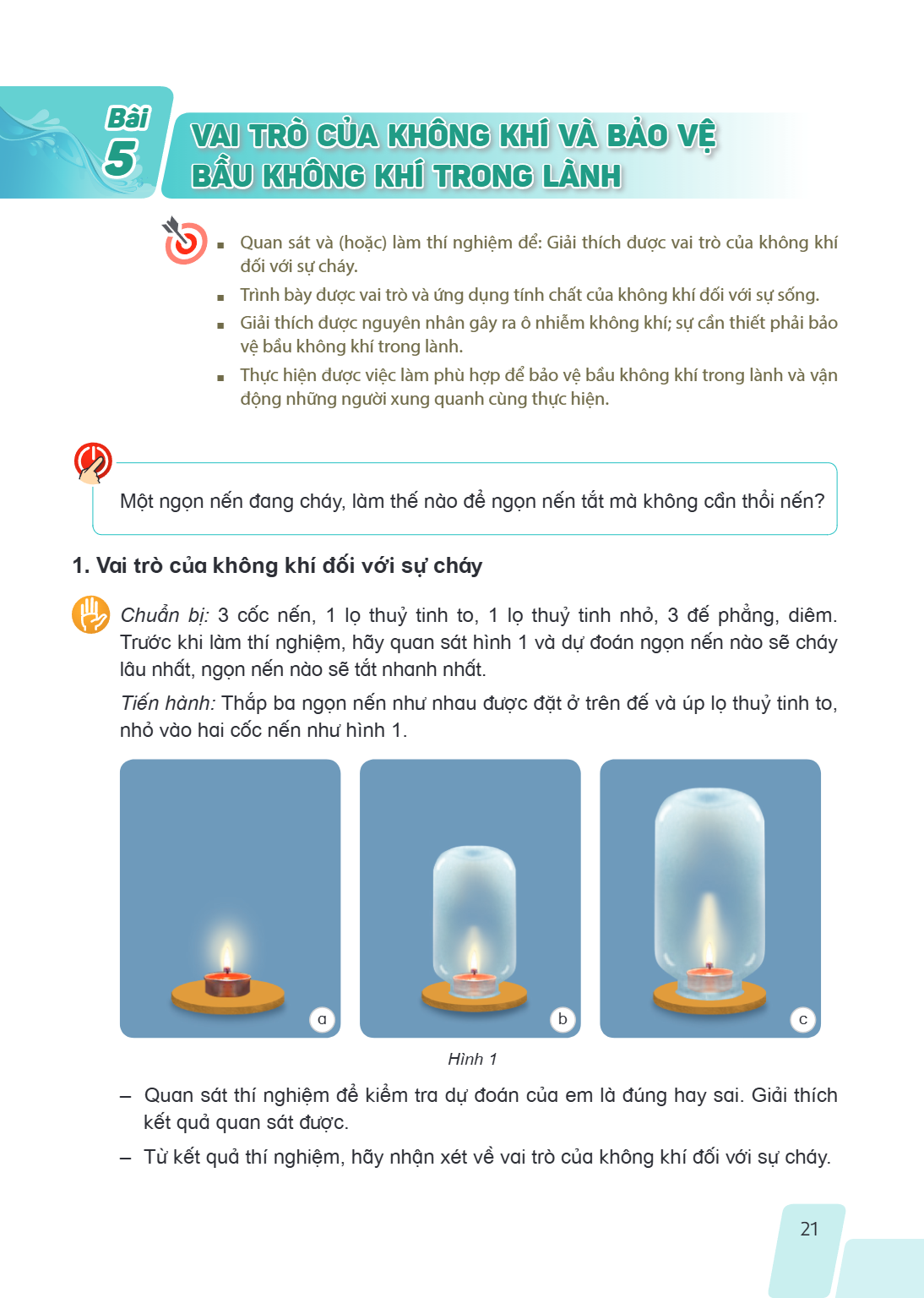Bài 5. Vai trò của không khí và bảo vệ bầu không khí trong lành MỤC TIÊU: Quan sát và (hoặc) làm thí nghiệm để: Giải thích được vai trò của không khí đối với sự