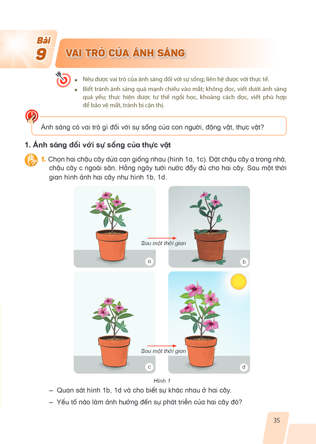 Bài 9. Vai trò của ánh sáng Nêu được vai trò của ánh sáng đối với sự sống; liên hệ được với thực tế. Biết tránh ánh sáng quá mạnh chiếu vào mắt; không đọc, viết