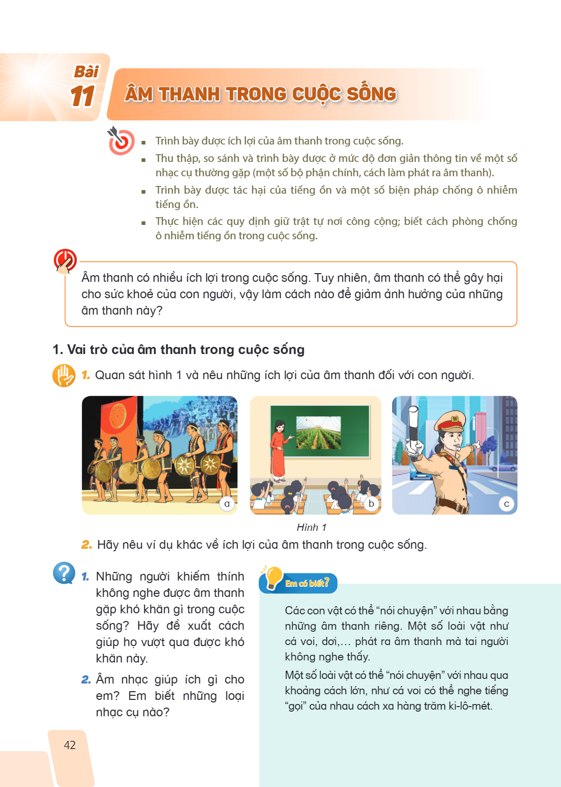 Bài 11. Âm thanh trong cuộc sống Trình bày được ích lợi của âm thanh trong cuộc sống. Thu thập, so sánh và trình bày được ở mức độ đơn giản thông tin về một số 