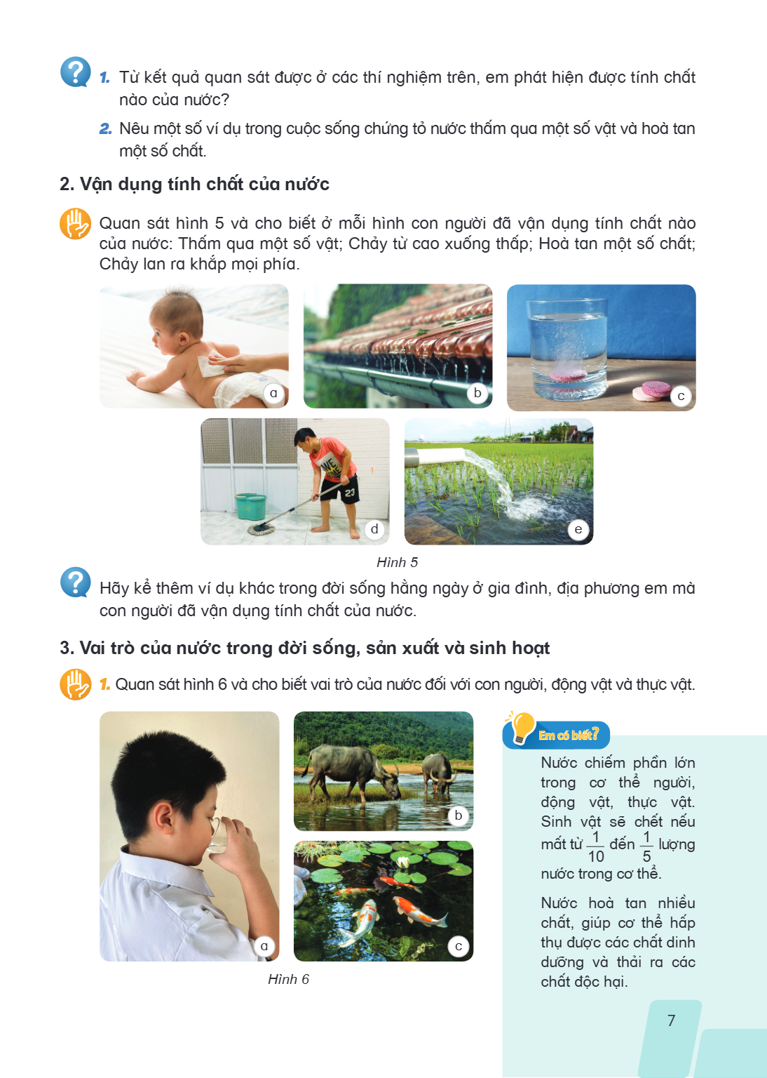 Từ kết quả quan sát được ở các thí nghiệm trên, em phát hiện được tính chất nào của nước? 2. Nêu một số ví dụ trong cuộc sống chứng tỏ nước thấm qua một số vật 