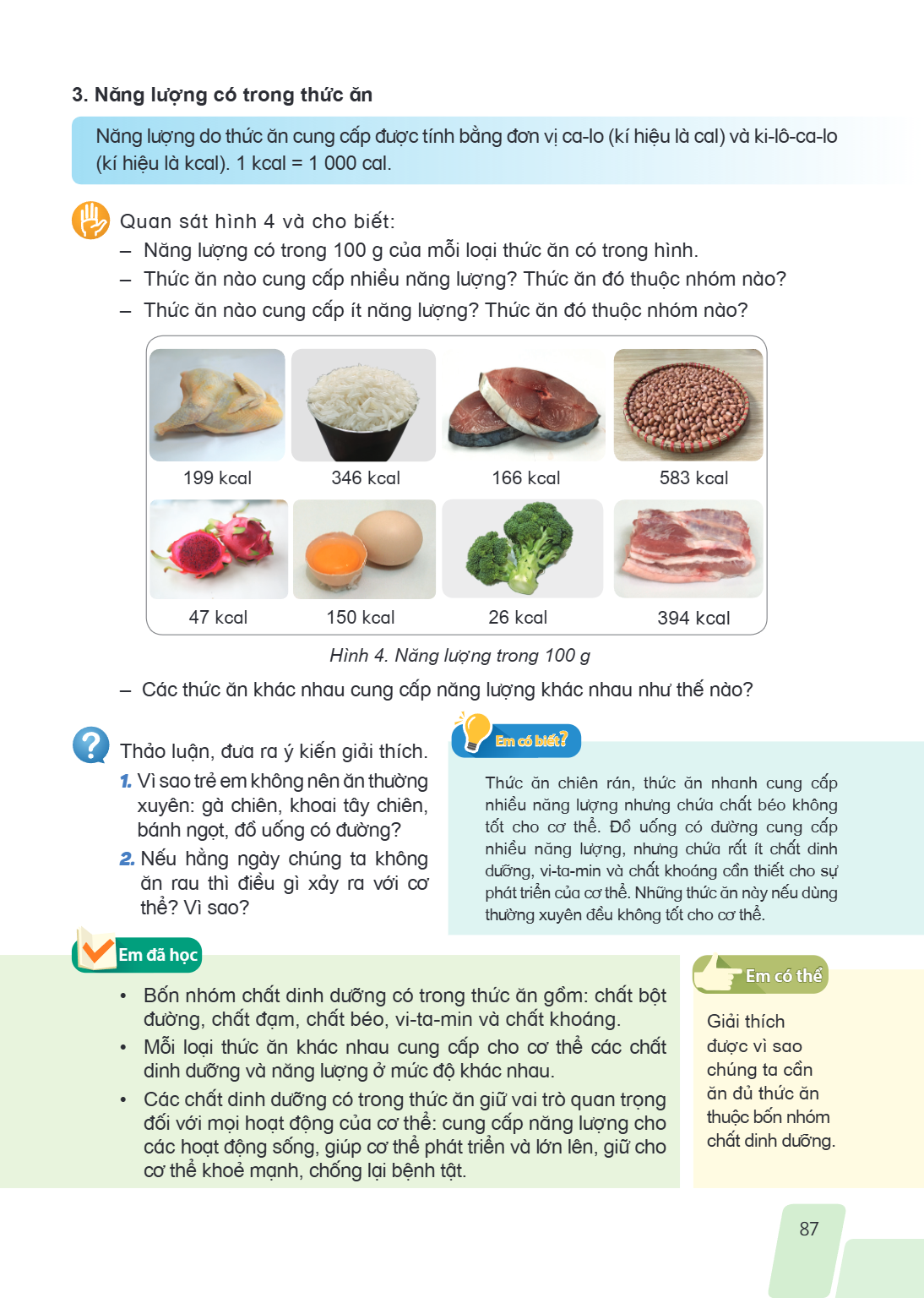 3. Năng lượng có trong thức ăn Năng lượng do thức ăn cung cấp được tính bằng đơn vị ca-lo (kí hiệu là cal) và ki-lô-ca-lo (kí hiệu là kcal). 1 kcal = 1 000 cal.