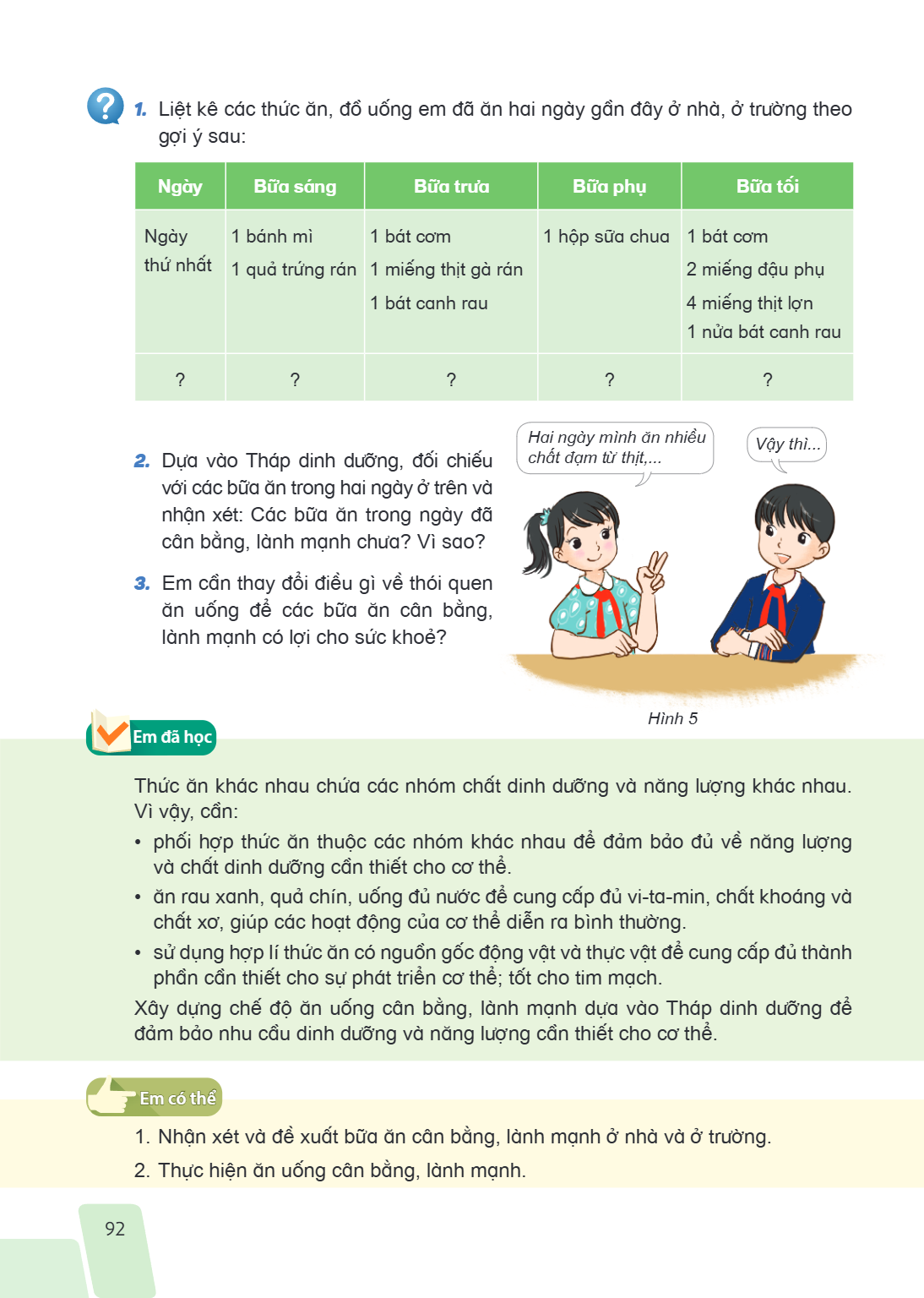1. Liệt kê các thức ăn, đồ uống em đã ăn hai ngày gần đây ở nhà, ở trường theo gợi ý sau: Ngày, Bữa sáng, Bữa trưa, Bữa phụ, Bữa tối Ngày thứ nhất, 1 bánh mì 1 