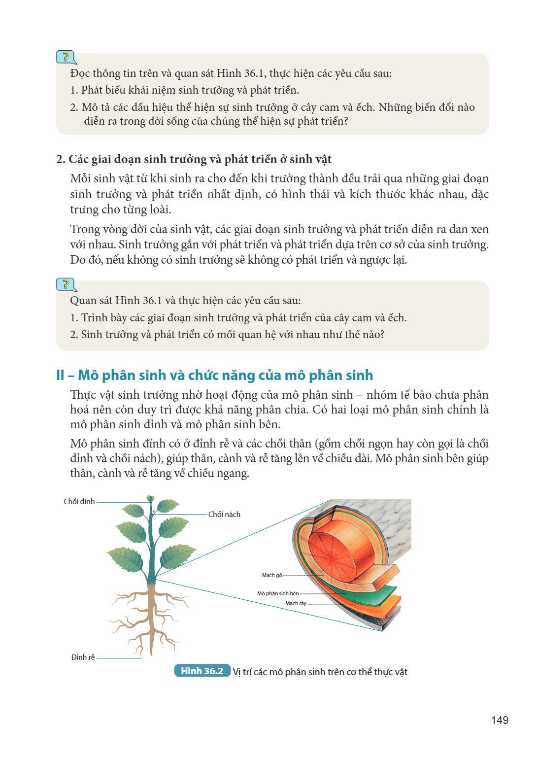 Đọc thông tin trên và quan sát Hình 36.1, thực hiện các yêu cầu sau: Phát biểu khái niệm sinh trưởng và phát triển. Mô tả các dấu hiệu thể hiện sự sinh trưởng ở