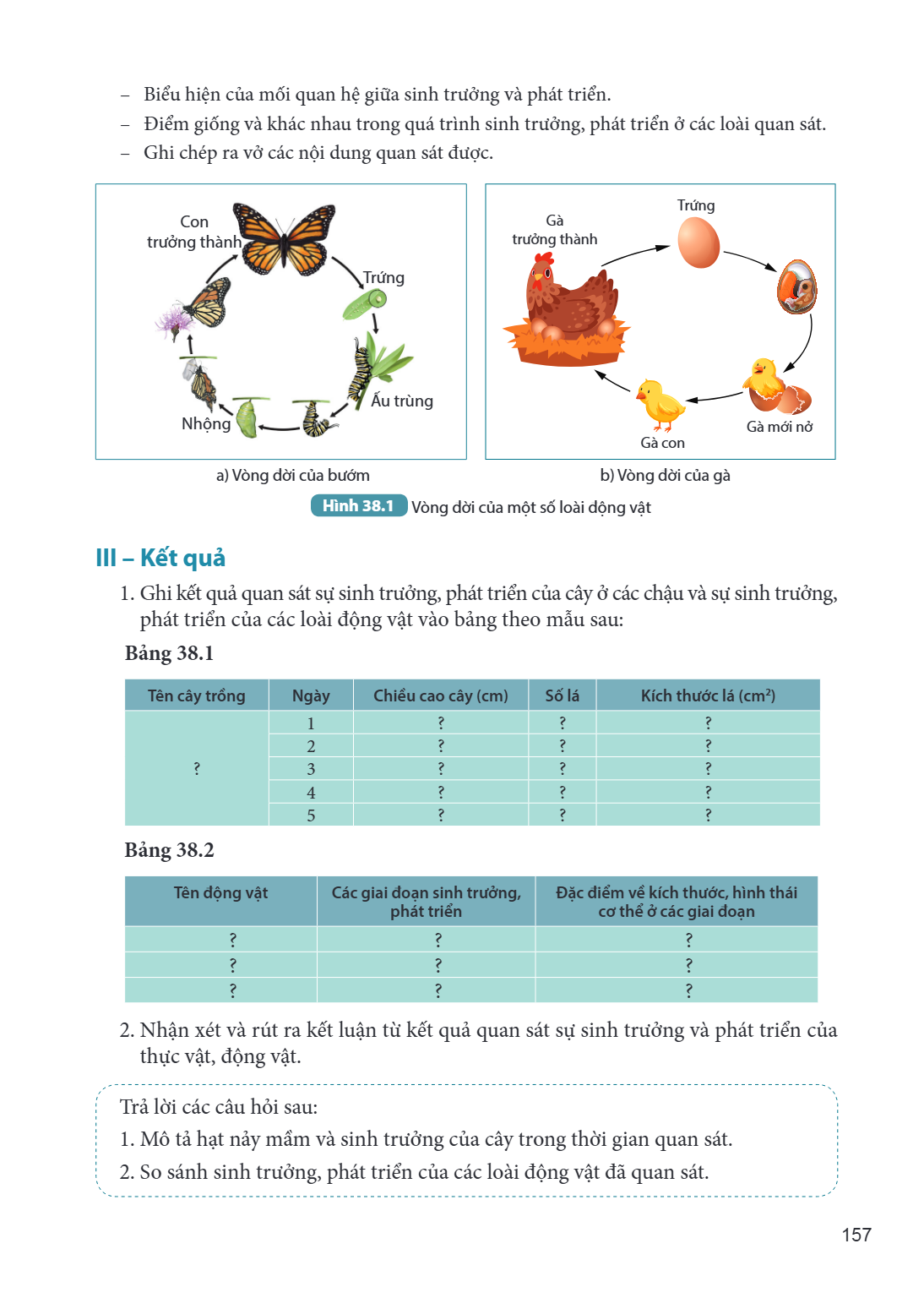 Biểu hiện của mối quan hệ giữa sinh trưởng và phát triển. Điểm giống và khác nhau trong quá trình sinh trưởng, phát triển ở các loài quan sát. Ghi chép ra vở cá