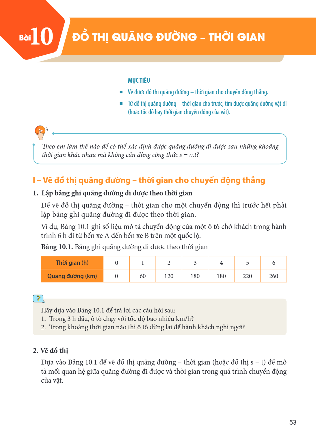 Bài 10. Đồ thị quãng đường – thời gian MỤC TIÊU: Vẽ được đồ thị quãng đường – thời gian cho chuyển động thẳng. Từ đồ thị quãng đường – thời gian cho trước, tìm 