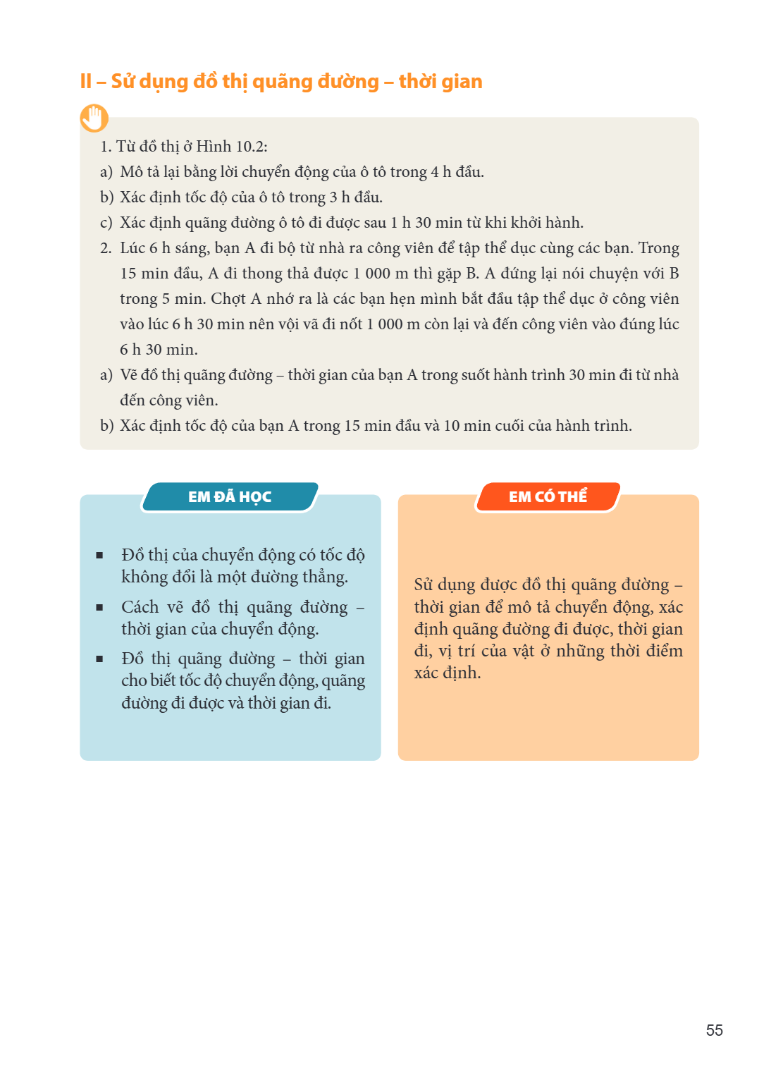 II – Sử dụng đồ thị quãng đường – thời gian Từ đồ thị ở Hình 10.2: a) Mô tả lại bằng lời chuyển động của ô tô trong 4 h đầu. b) Xác định tốc độ của ô tô trong 3