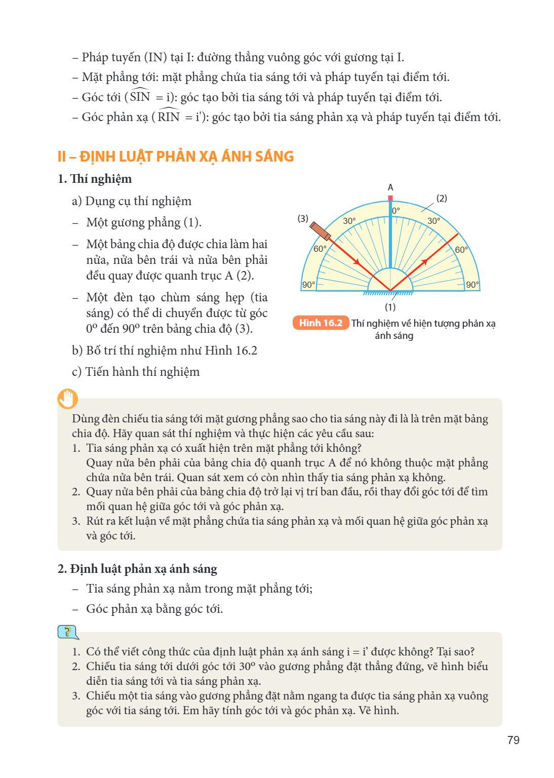 Pháp tuyến (IN) tại I: đường thẳng vuông góc với gương tại I. Mặt phẳng tới: mặt phẳng chứa tia sáng tới và pháp tuyến tại điểm tới. Góc tới ($\widehat{SIN}$ = 