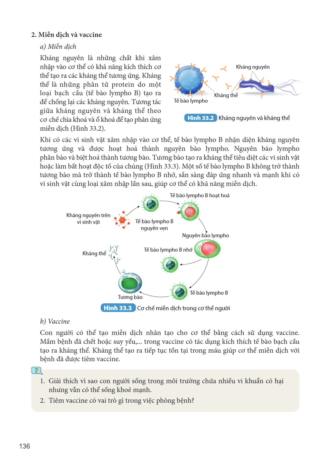 2. Miễn dịch và vaccine a) Miễn dịch Kháng nguyên là những chất khi xâm nhập vào cơ thể có khả năng kích thích cơ thể tạo ra các kháng thể tương ứng. Kháng thể 