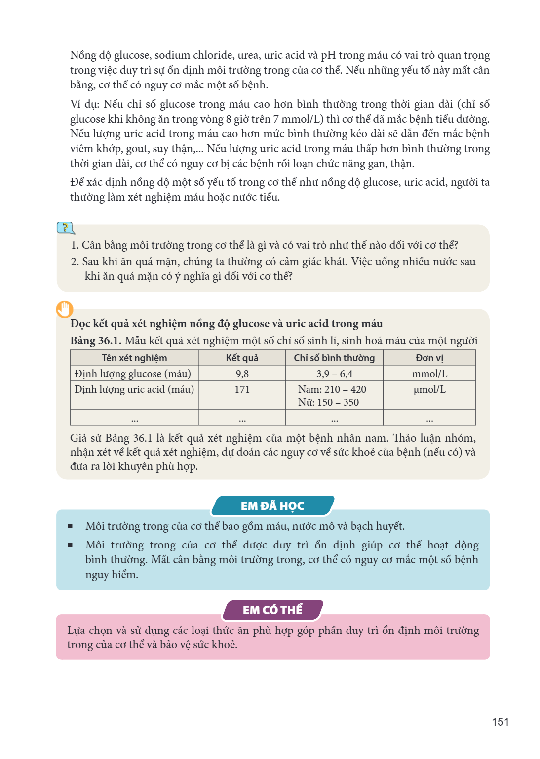 Nồng độ glucose, sodium chloride, urea, uric acid và pH trong máu có vai trò quan trọng trong việc duy trì sự ổn định môi trường trong của cơ thể. Nếu những yếu