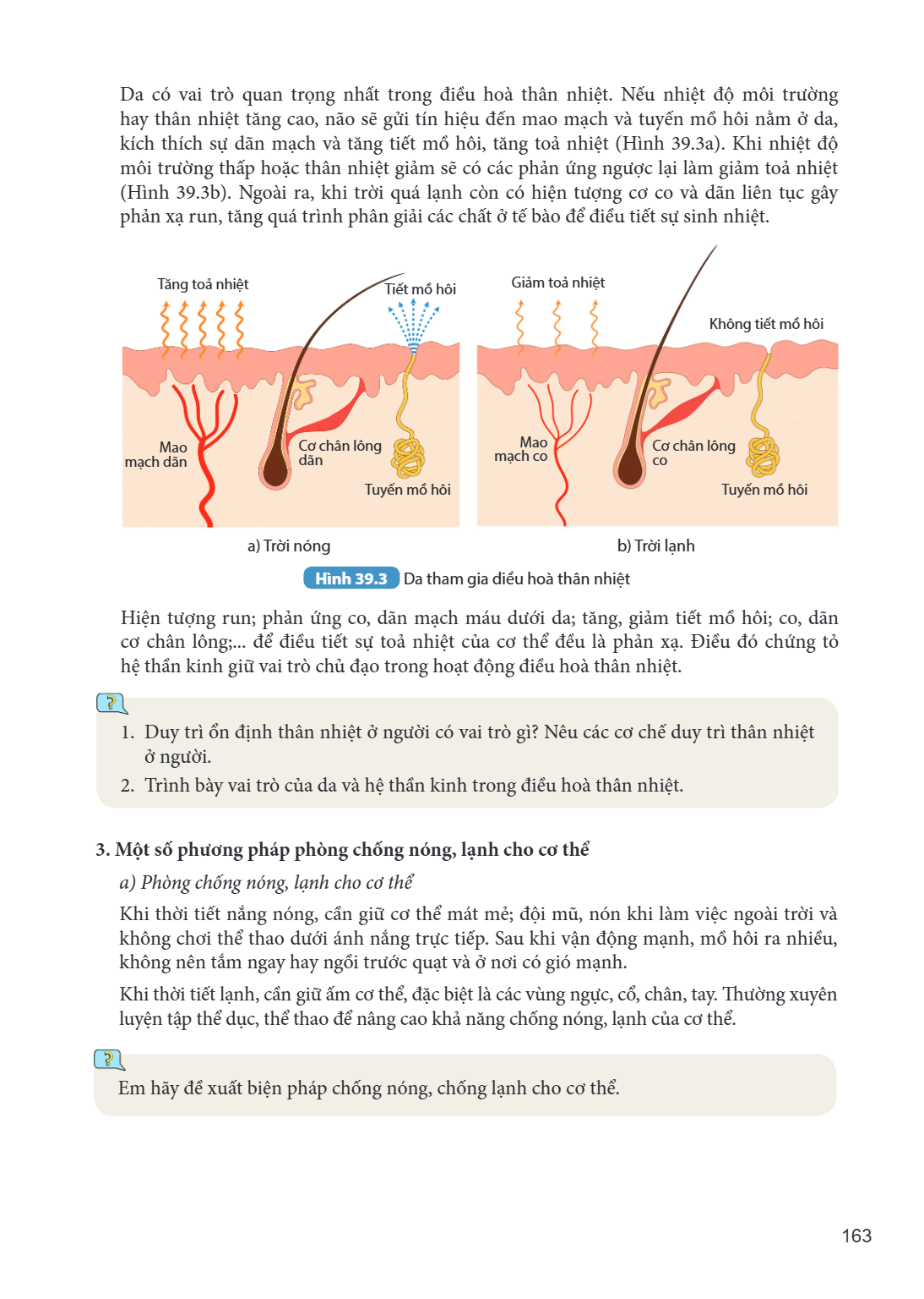 Da có vai trò quan trọng nhất trong điều hoà thân nhiệt. Nếu nhiệt độ môi trường hay thân nhiệt tăng cao, não sẽ gửi tín hiệu đến mao mạch và tuyến mồ hôi nằm ở