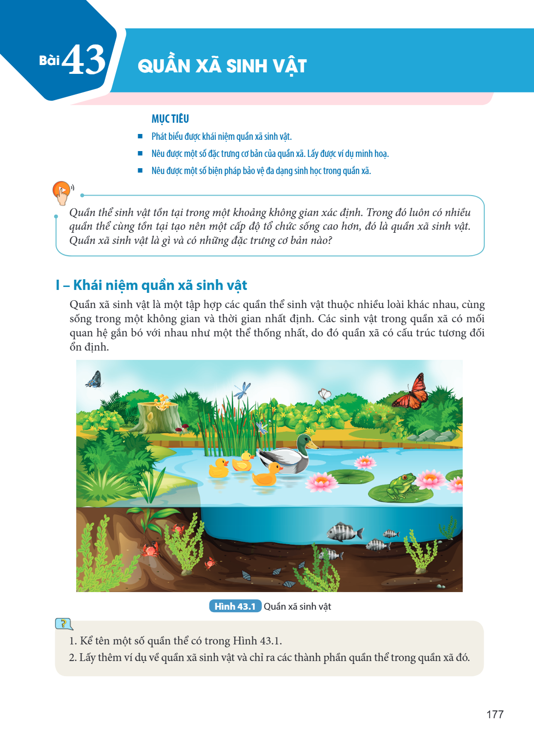 Bài 43. Quần xã sinh vật MỤC TIÊU: Phát biểu được khái niệm quần xã sinh vật. Nêu được một số đặc trưng cơ bản của quần xã. Lấy được ví dụ minh hoạ. Nêu được mộ