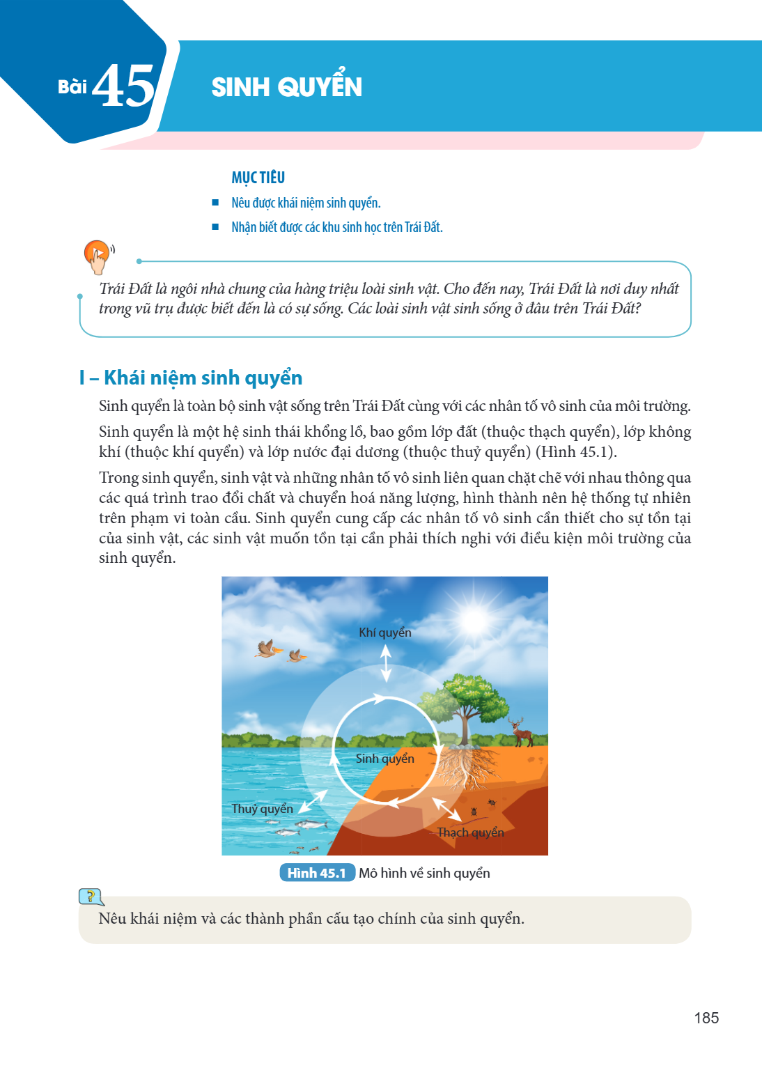 Bài 45. Sinh quyển MỤC TIÊU Nêu được khái niệm sinh quyển. Nhận biết được các khu sinh học trên Trái Đất. Trái Đất là ngôi nhà chung của hàng triệu loài sinh vậ