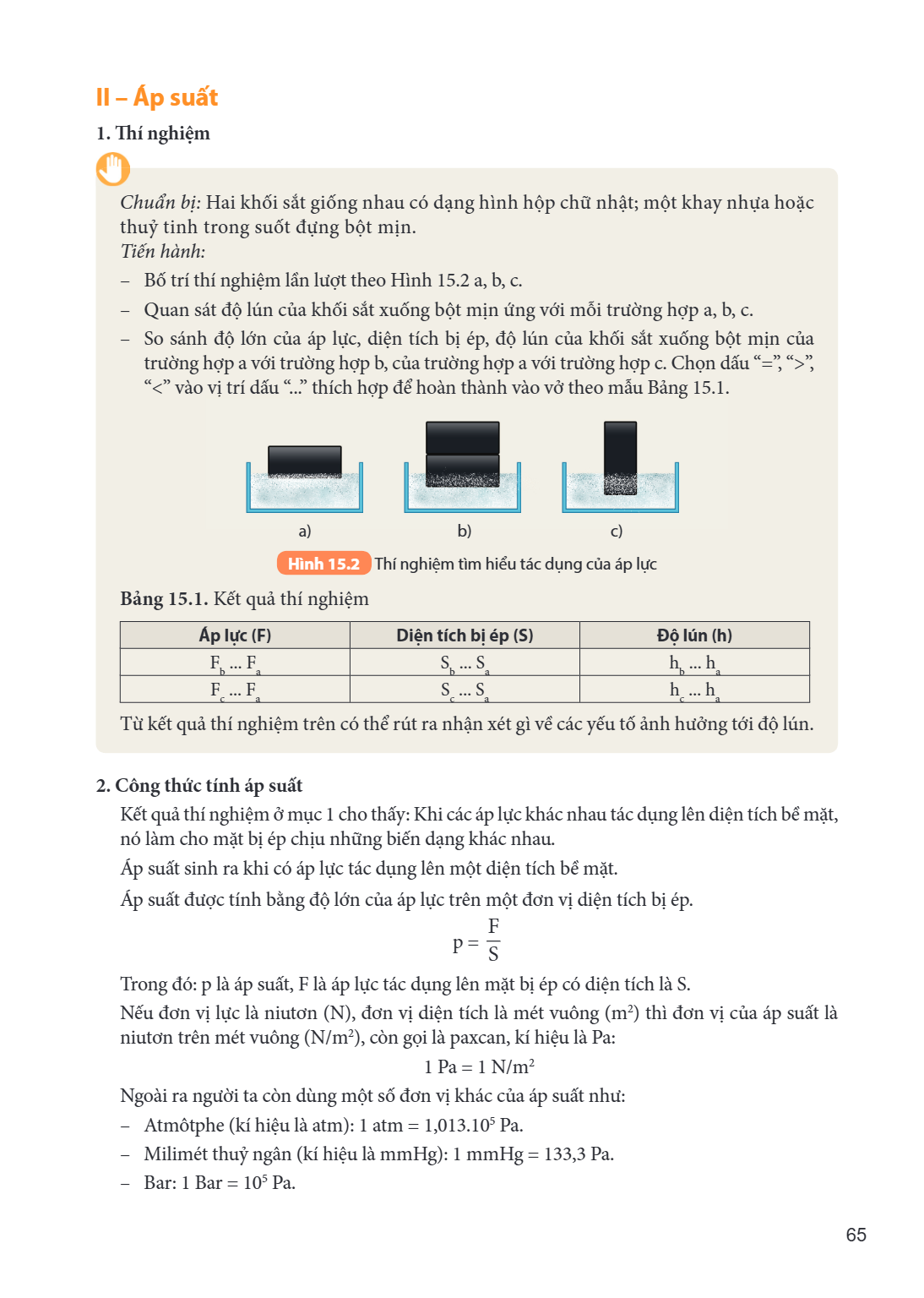 II – Áp suất 1. Thí nghiệm Hình 15.2 Thí nghiệm tìm hiểu tác dụng của áp lực Bảng 15.1. Kết quả thí nghiệm Áp lực (F), Diện tích bị ép (S), Độ lún (h) $\mathrm{