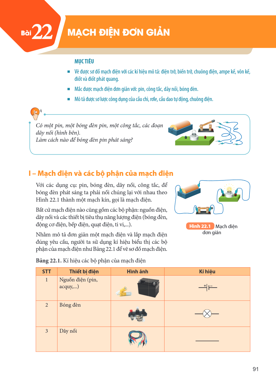 Bài 22. Mạch điện đơn giản MỤC TIÊU Vẽ được sơ đồ mạch điện với các kí hiệu mô tả: điện trở, biến trở, chuông điện, ampe kế, vôn kế, điốt và điốt phát quang. Mắ