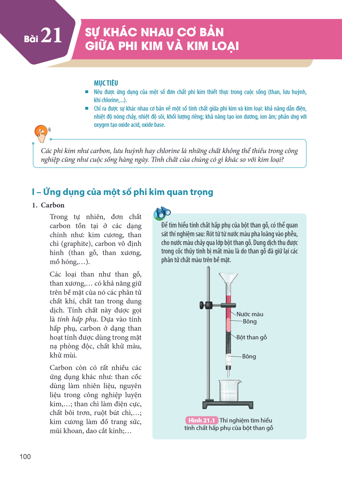 Bài 21. Sự khác nhau cơ bản giữa phi kim và kim loại MỤC TIÊU: Nêu được ứng dụng của một số đơn chất phi kim thiết thực trong cuộc sống (than, lưu huỳnh, khí ch