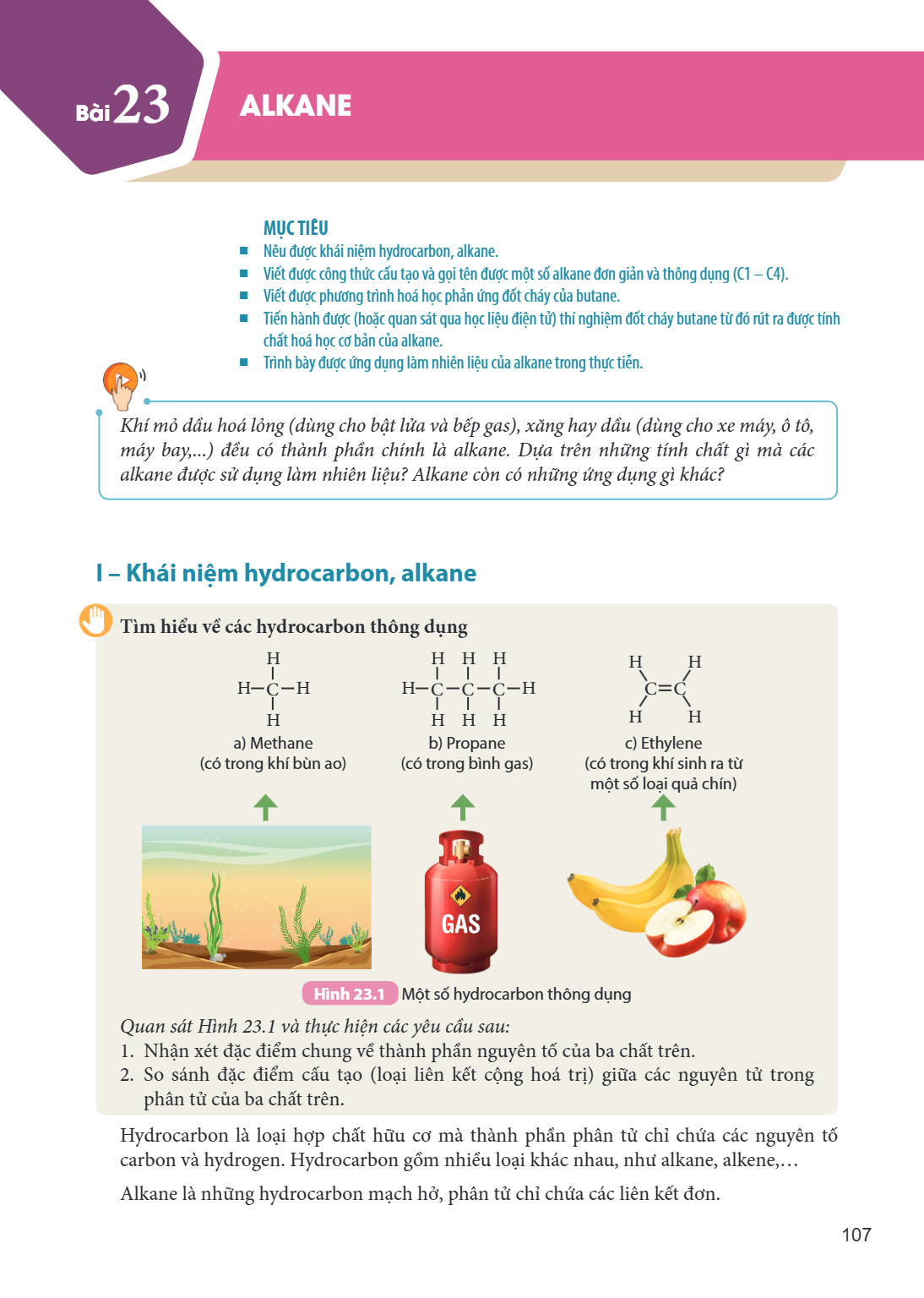 Bài 23. Alkane MỤC TIÊU: Nêu được khái niệm hydrocarbon, alkane. Viết được công thức cấu tạo và gọi tên được một số alkane đơn giản và thông dụng (C1 – C4). Viế