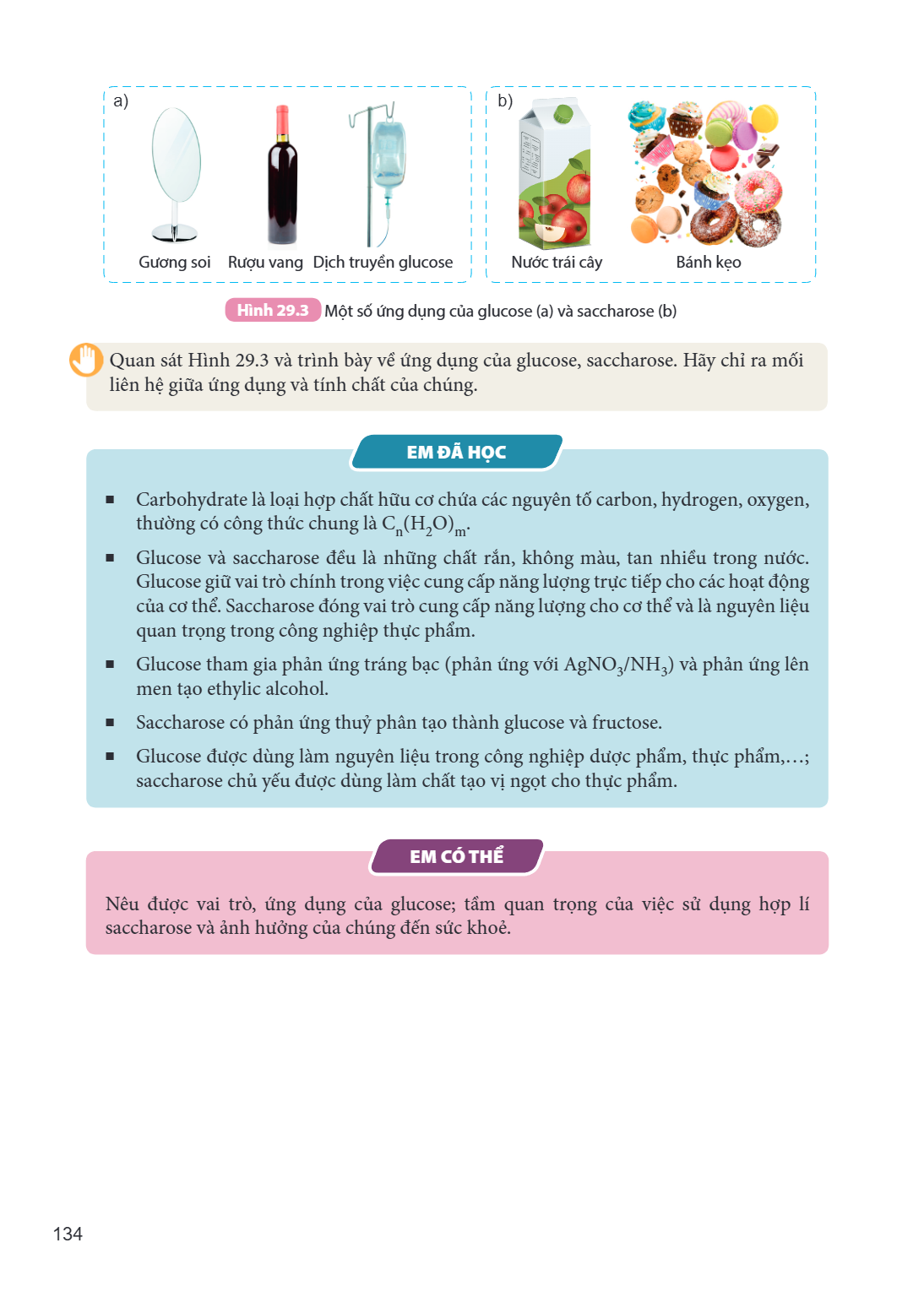 a) Gương soi Rượu vang Dịch truyền glucose b) Nước trái cây Bánh kẹo Hình 29.3 Một số ứng dụng của glucose (a) và saccharose (b) Quan sát Hình 29.3 và trình bày
