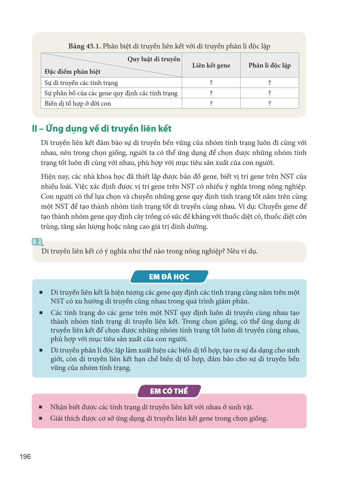Bảng 45.1. Phân biệt di truyền liên kết với di truyền phân li độc lập Đặc điểm phân biệt, Quy luật di truyền, Liên kết gene, Phân li độc lập Sự di truyền các tí