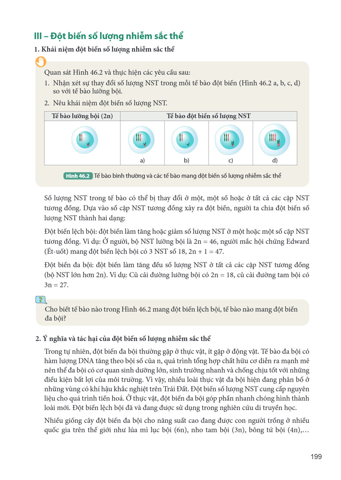 III – Đột biến số lượng nhiễm sắc thể 1. Khái niệm đột biến số lượng nhiễm sắc thể Quan sát Hình 46.2 và thực hiện các yêu cầu sau: Nhận xét sự thay đổi số lượn