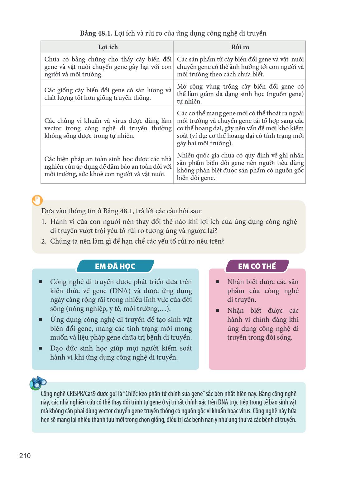 Bảng 48.1. Lợi ích và rủi ro của ứng dụng công nghệ di truyền Lợi ích, Rủi ro Chưa có bằng chứng cho thấy cây biến đổi gene và vật nuôi chuyển gene gây hại với 