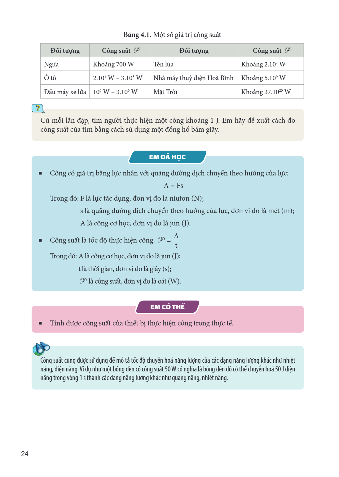Bảng 4.1. Một số giá trị công suất Đối tượng, Công suất $\mathscr{P}$, Đối tượng, Công suất $\mathscr{P}$ Ngựa, Khoảng $700\text{ W}$, Tên lửa, Khoảng $2.10^7\t