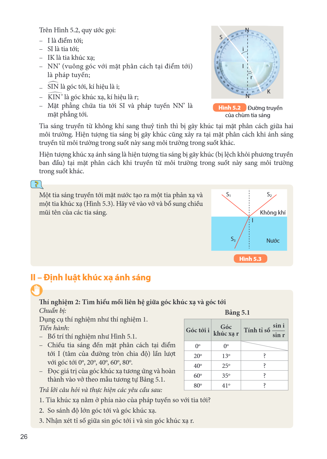 Trên Hình 5.2, quy ước gọi: – I là điểm tới; – SI là tia tới; – IK là tia khúc xạ; – NN' (vuông góc với mặt phân cách tại điểm tới) là pháp tuyến; – $\widehat{\