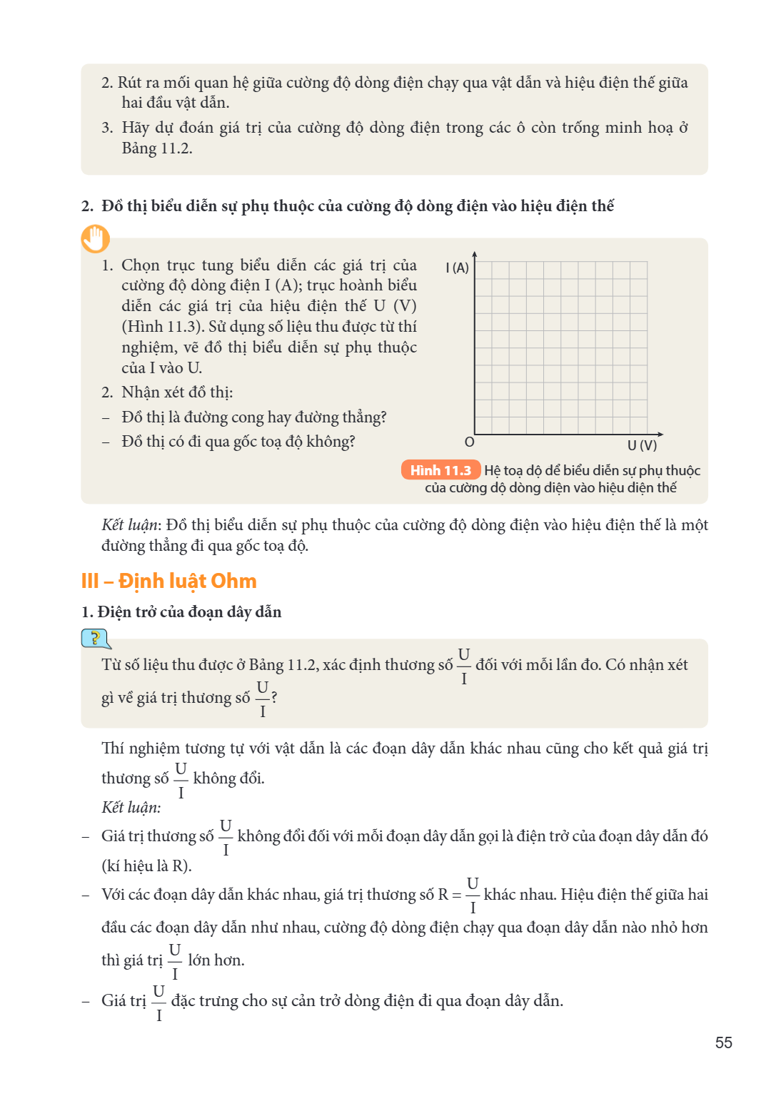 Rút ra mối quan hệ giữa cường độ dòng điện chạy qua vật dẫn và hiệu điện thế giữa hai đầu vật dẫn. Hãy dự đoán giá trị của cường độ dòng điện trong các ô còn tr