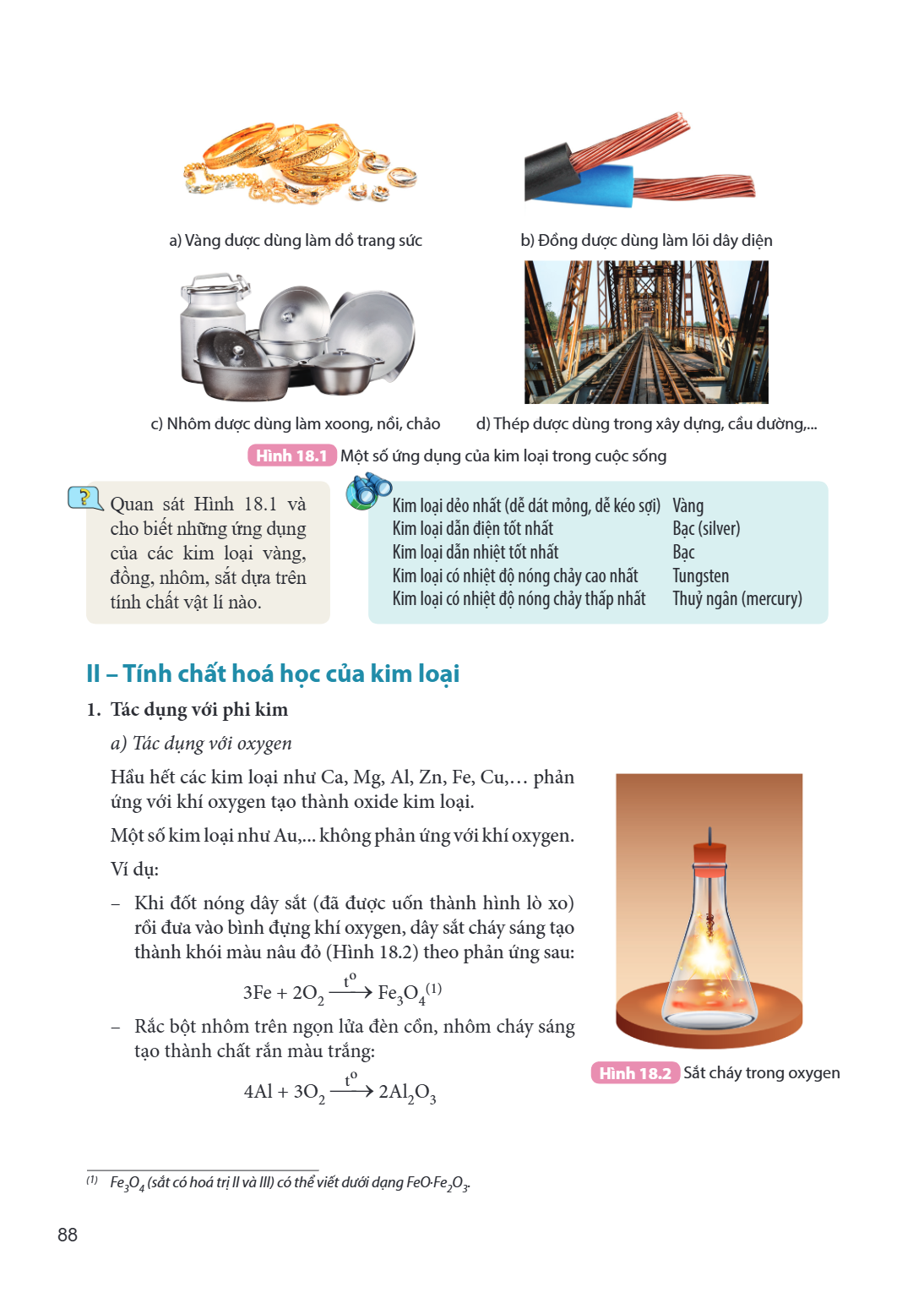 a) Vàng được dùng làm đồ trang sức b) Đồng được dùng làm lõi dây điện c) Nhôm được dùng làm xoong, nồi, chảo d) Thép được dùng trong xây dựng, cầu đường,… Hình 