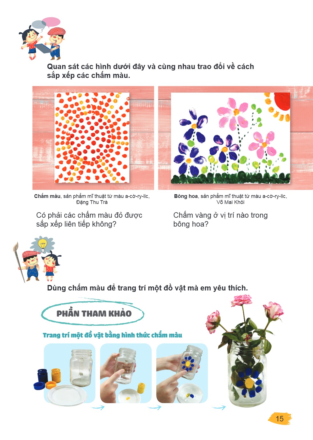 Quan sát các hình dưới đây và cùng nhau trao đổi về cách sắp xếp các chấm màu. Chấm màu, sản phẩm mĩ thuật từ màu a-cờ-ry-lic, Đặng Thu Trà Có phải các chấm màu