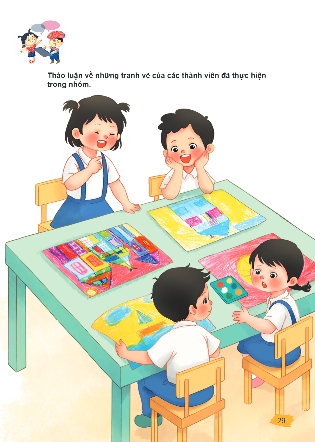 Thảo luận về những tranh vẽ của các thành viên đã thực hiện trong nhóm.