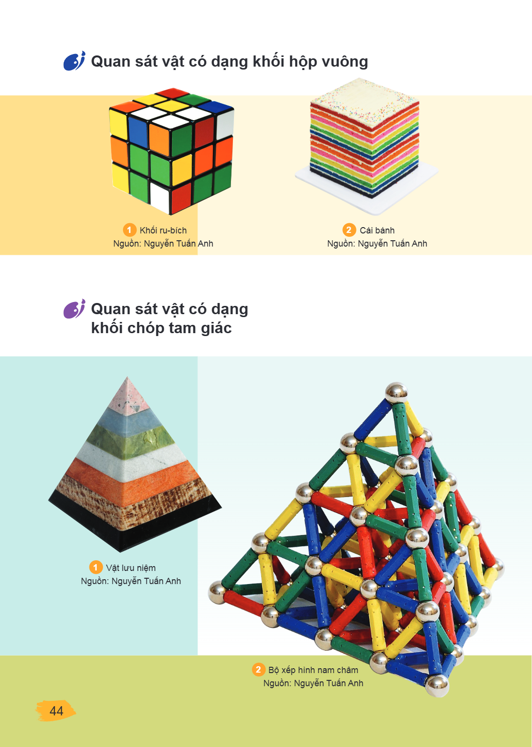 Quan sát vật có dạng khối hộp vuông 1 Khối ru-bích 2 Cái bánh Nguồn: Nguyễn Tuấn Anh Nguồn: Nguyễn Tuấn Anh Quan sát vật có dạng khối chóp tam giác 1 Vật lưu ni