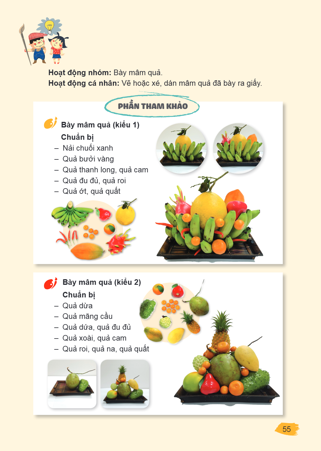 Hoạt động nhóm: Bày mâm quả. Hoạt động cá nhân: Vẽ hoặc xé, dán mâm quả đã bày ra giấy. PHẦN THAM KHẢO Bày mâm quả (kiểu 1) Chuẩn bị Nải chuối xanh - Quả bưởi v