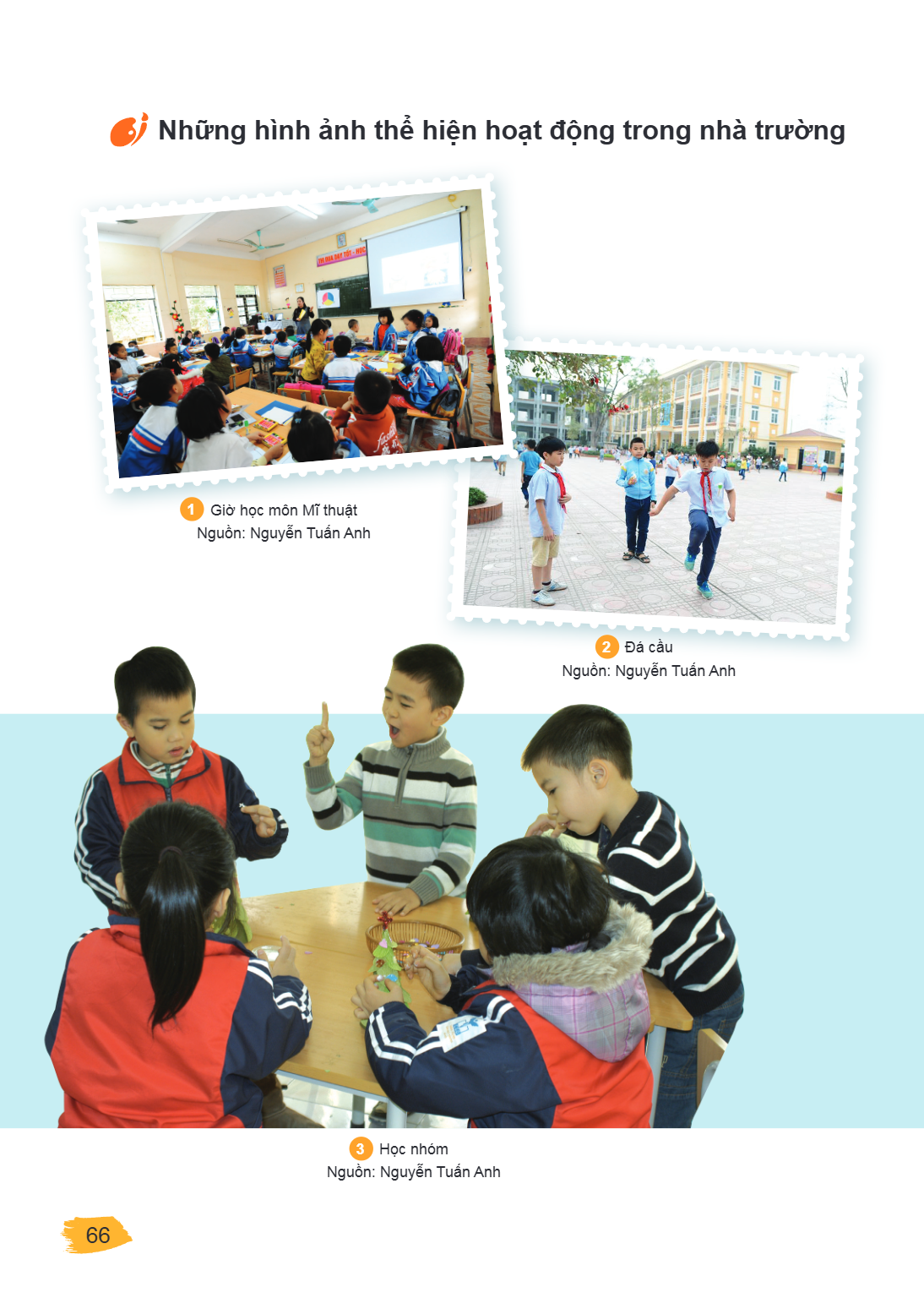 Những hình ảnh thể hiện hoạt động trong nhà trường Giờ học môn Mĩ thuật Nguồn: Nguyễn Tuấn Anh Đá cầu Nguồn: Nguyễn Tuấn Anh Học nhóm Nguồn: Nguyễn Tuấn Anh