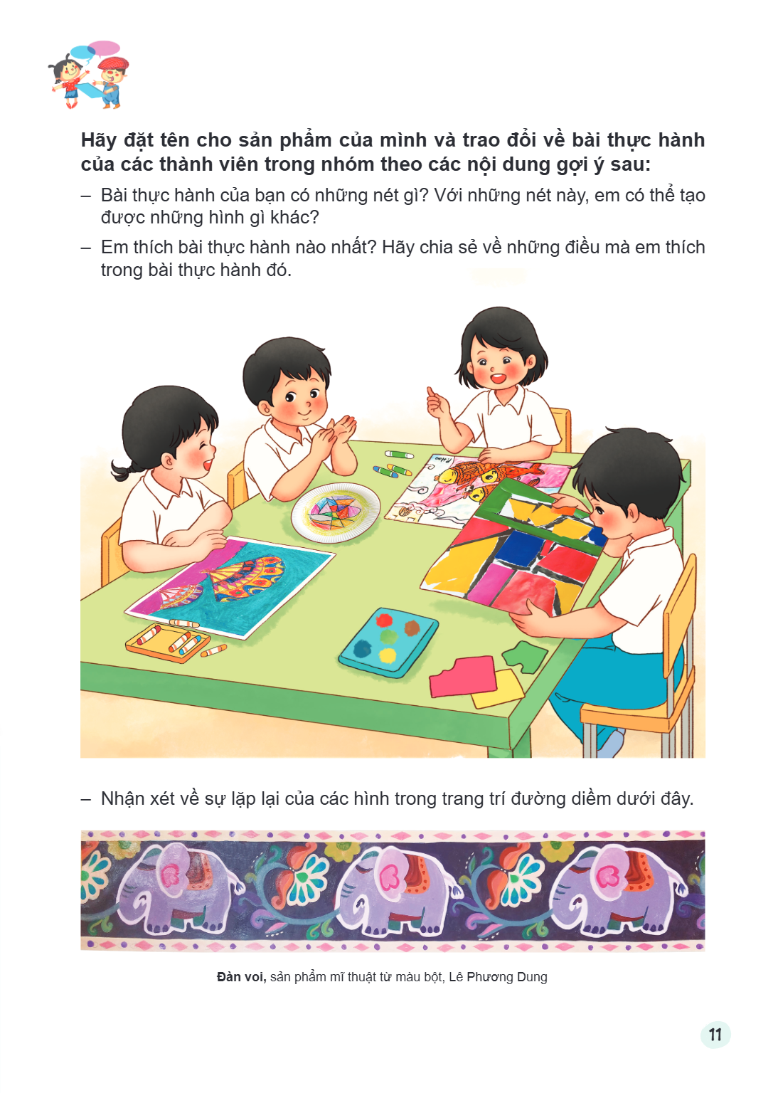 Hãy đặt tên cho sản phẩm của mình và trao đổi về bài thực hành của các thành viên trong nhóm theo các nội dung gợi ý sau: Bài thực hành của bạn có những nét gì?