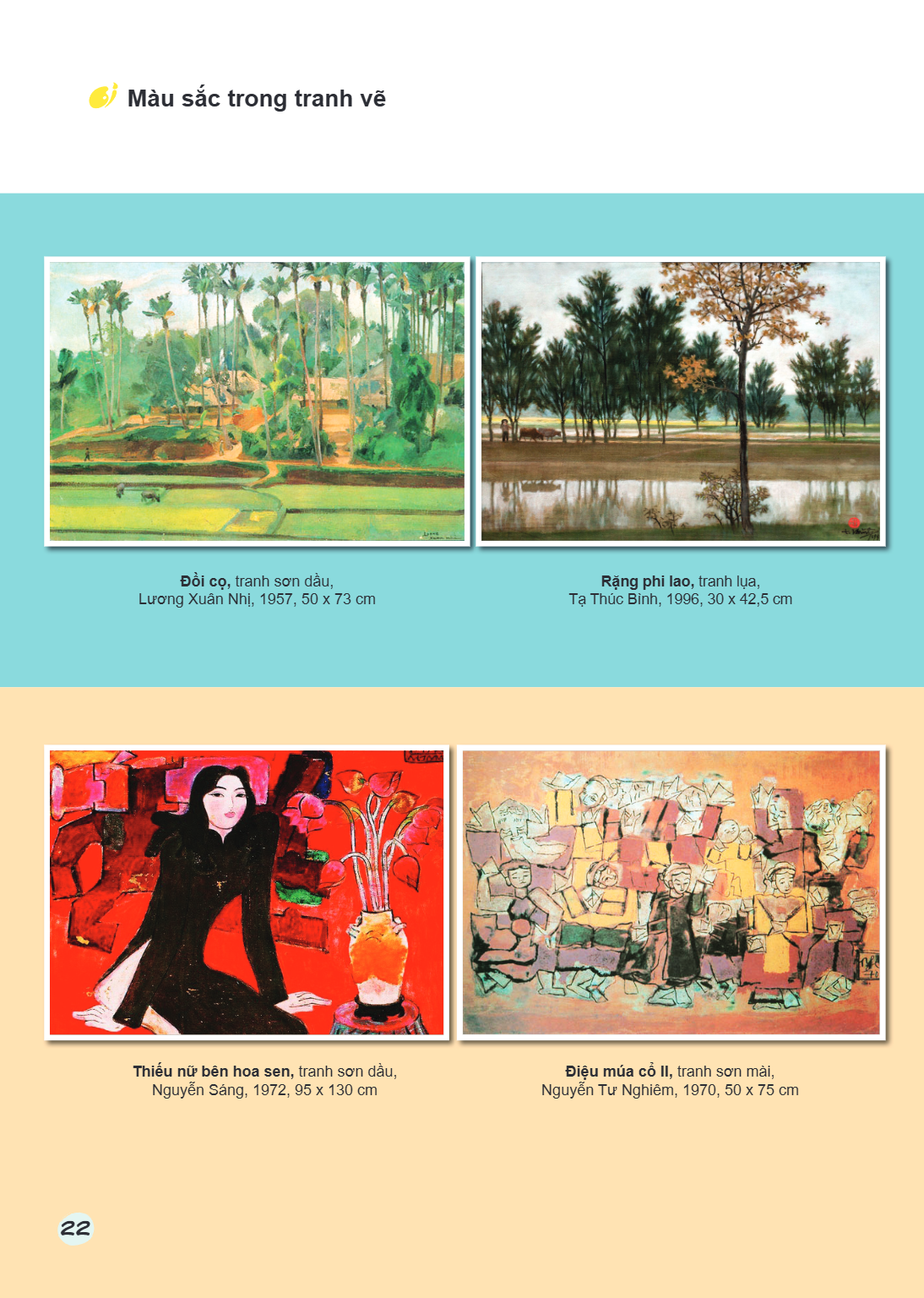 Màu sắc trong tranh vẽ Đồi cọ, tranh sơn dầu, Lương Xuân Nhi, 1957, 50 x 73 cm Rặng phi lao, tranh lụa, Tạ Thức Bình, 1996, 30 x 42,5 cm