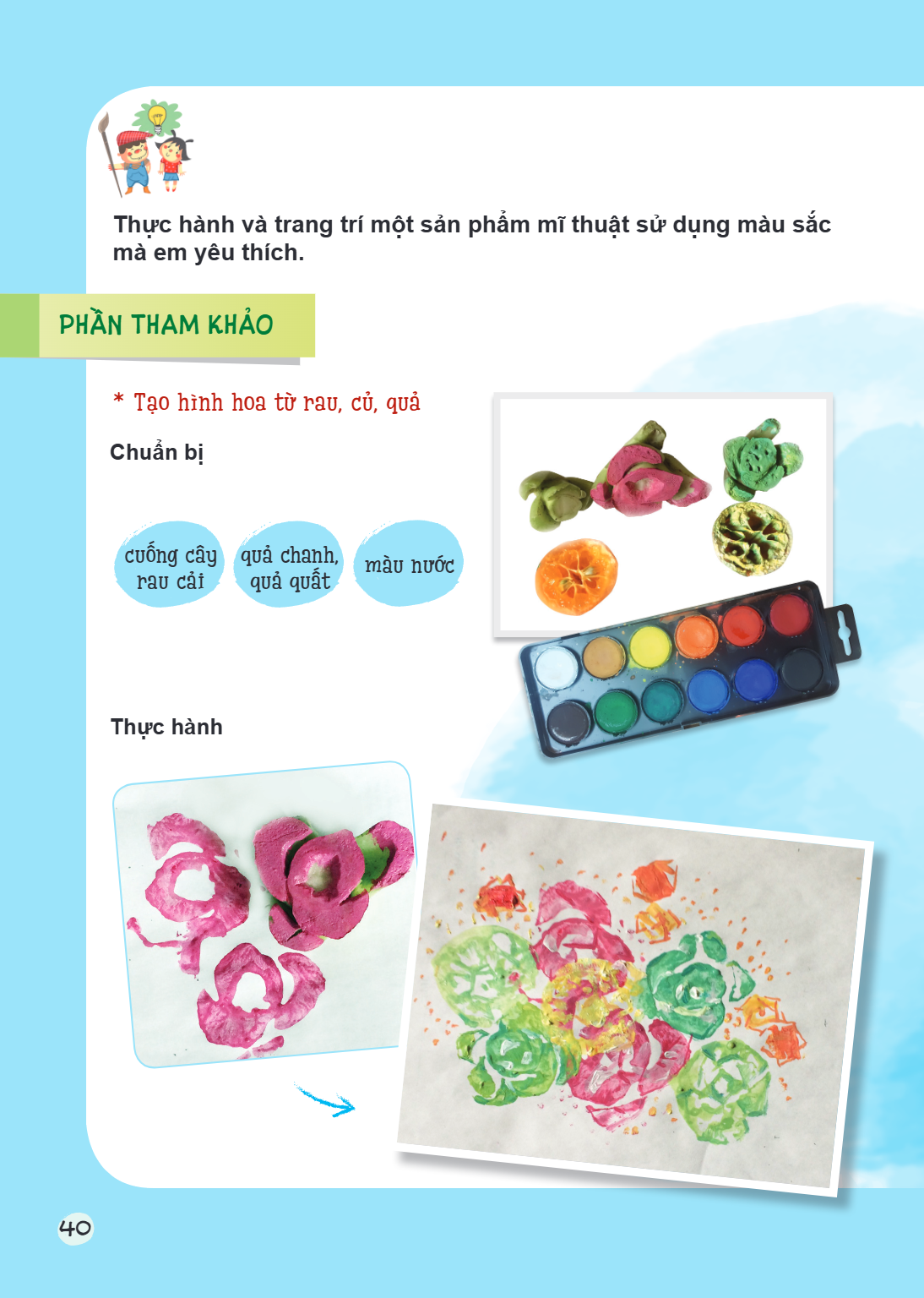Thực hành và trang trí một sản phẩm mĩ thuật sử dụng màu sắc mà em yêu thích. PHẦN THAM KHẢO * Tạo hình hoa từ rau, củ, quả Chuẩn bị cuống cây rau cải quả chanh
