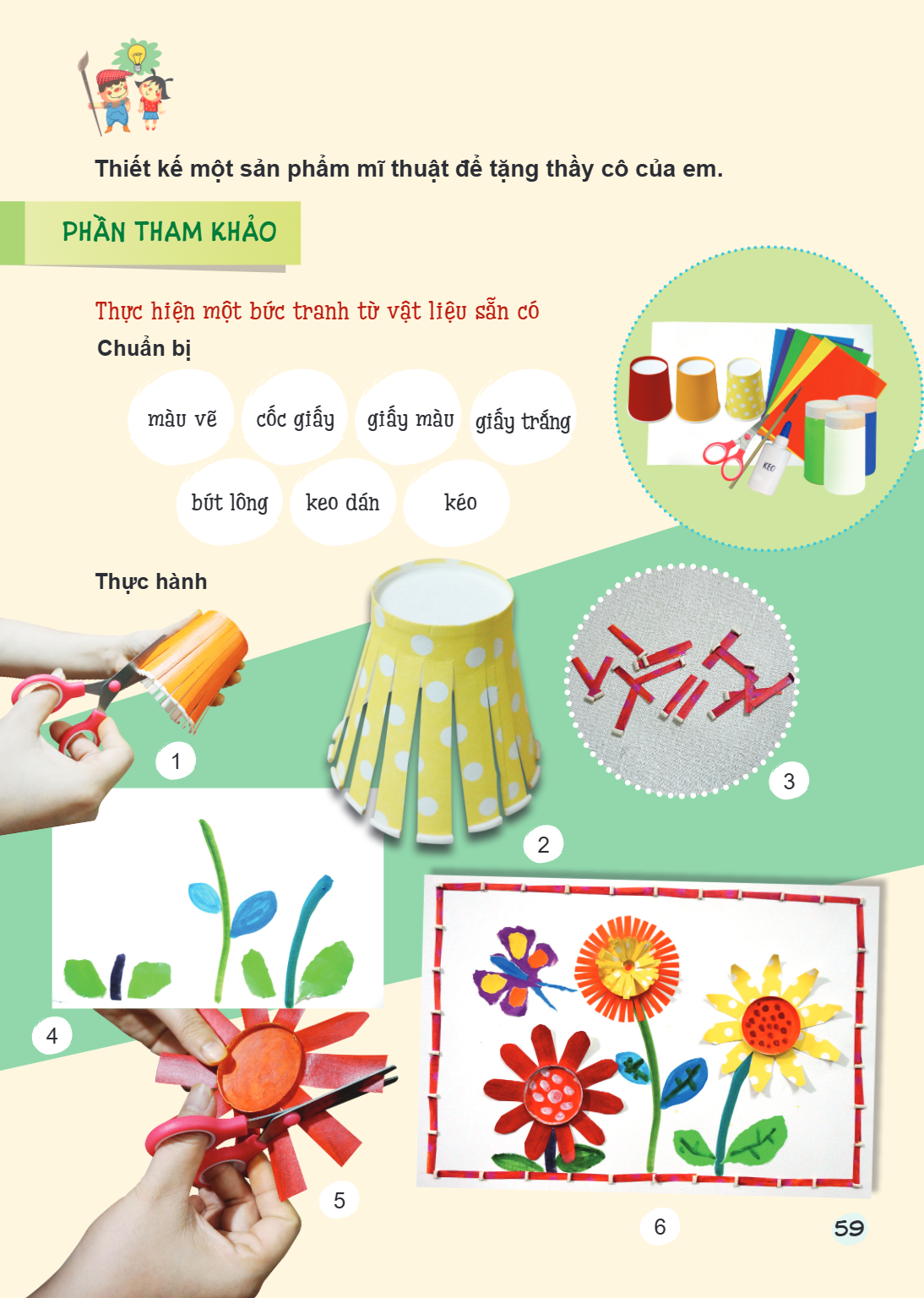 Thiết kế một sản phẩm mĩ thuật để tặng thầy cô của em. PHẦN THAM KHẢO Thực hiện một bức tranh từ vật liệu sẵn có Chuẩn bị màu vẽ cốc giấy giấy màu giấy trắng bú
