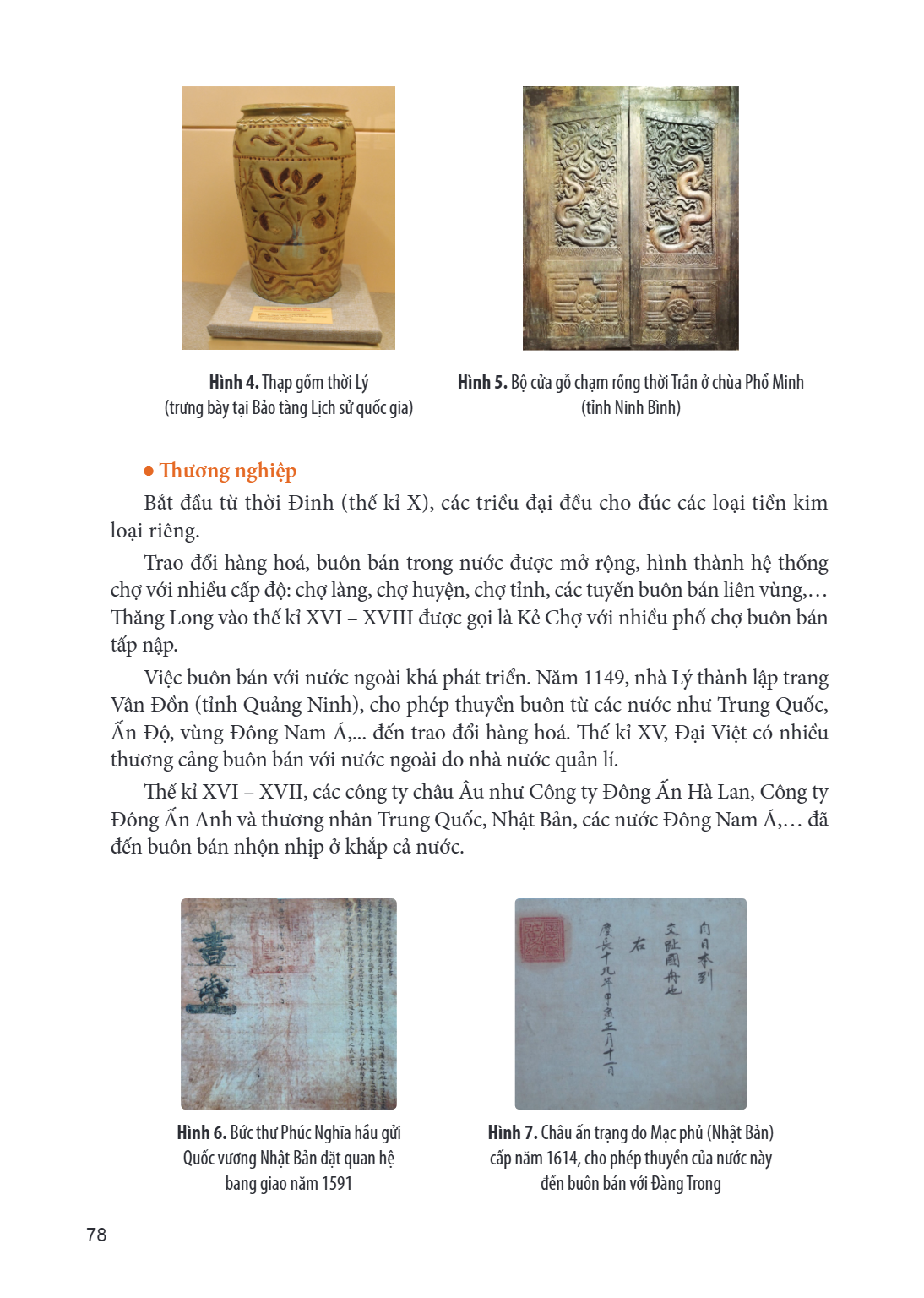 Hình 4. Thạp gốm thời Lý Hình 5. Bộ cửa gỗ chạm rồng thời Trần ở chùa Phổ Minh (trưng bày tại Bảo tàng Lịch sử quốc gia) (tỉnh Ninh Bình) Thương nghiệp l Bắt đầ